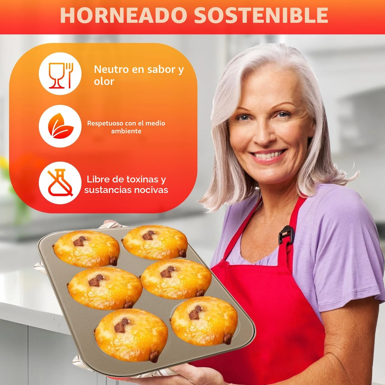 KITDAHOM Juego de 2 moldes de acero para 6 magdalenas, bandeja para hornear antiadherente, ideal para magdalenas, tartas y pudín