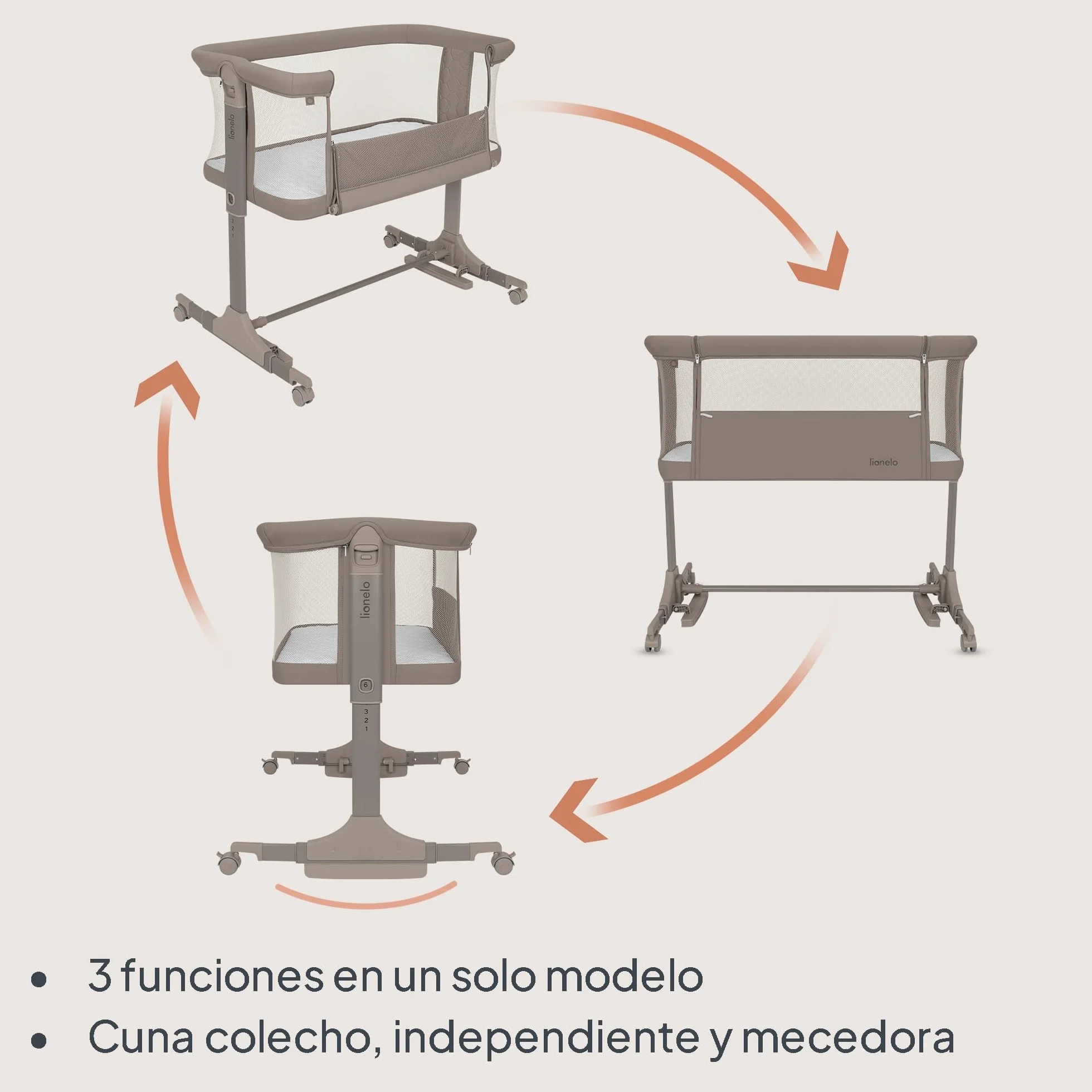 lionelo Pari Cuna 3 en 1 hasta 9 kg, Cuna de colecho, Cama Mecedora, Ajuste de Altura e inclinación del colchón, 4 Ruedas con Freno, Colchón Ergonómico, Malla Transpirable, Bolsa, Minicuna | Estructura de acero