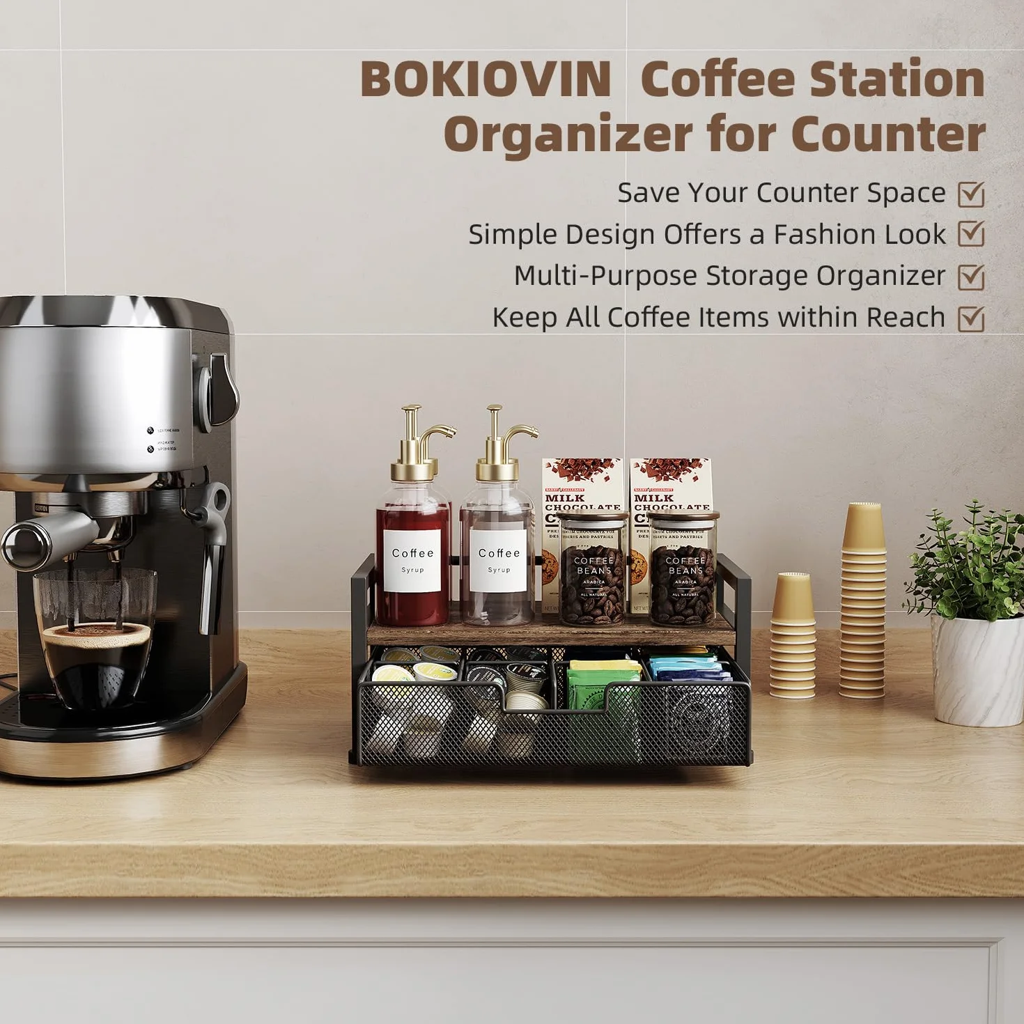 Soporte Metálico para Bolsitas de Té con 8 Compartimentos,Caja Te Organizador de Infusiones con Cajón,Negro