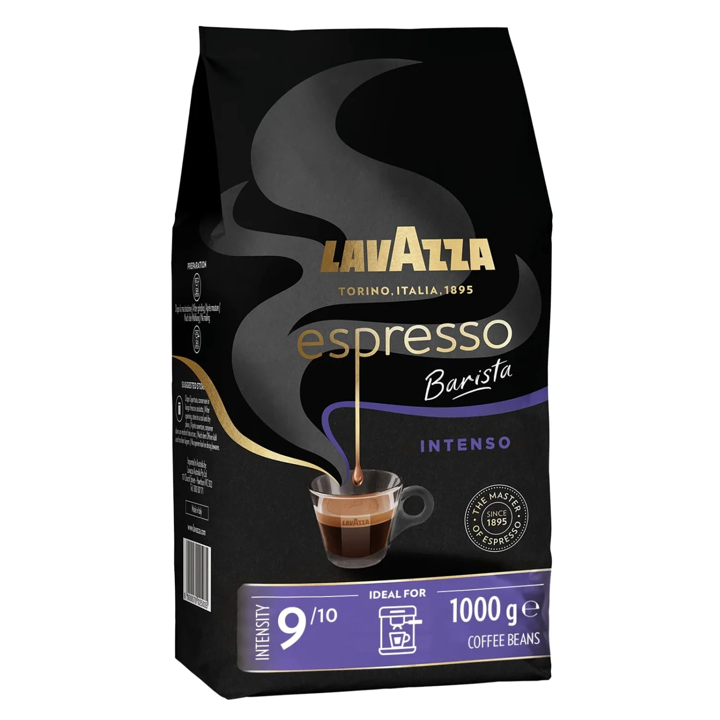 Cecotec Cafetera Express, Capacidad para 250g de Café, 1550 W, 30 Niveles de Molido + Lavazza Espresso Barista Intenso, Café en Grano Tostado, Notas de Cacao y Madera, Intensidad 9, Tueste Medio, 1kg