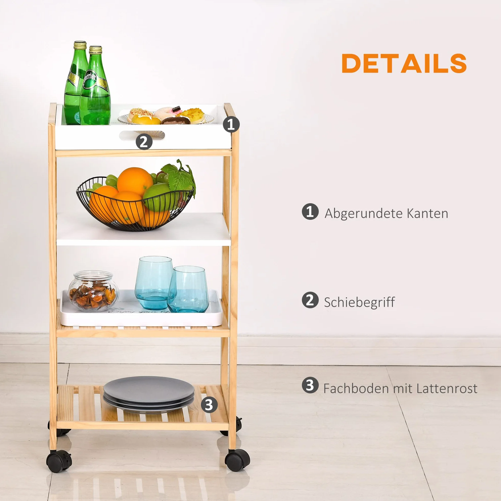 HOMCOM Carrito de Cocina Carrito de Servicio Doméstico de 4 Niveles con Una Bandeja Extraíble Estante Ruedas Universales 40x30x76 cm Blanco Madera