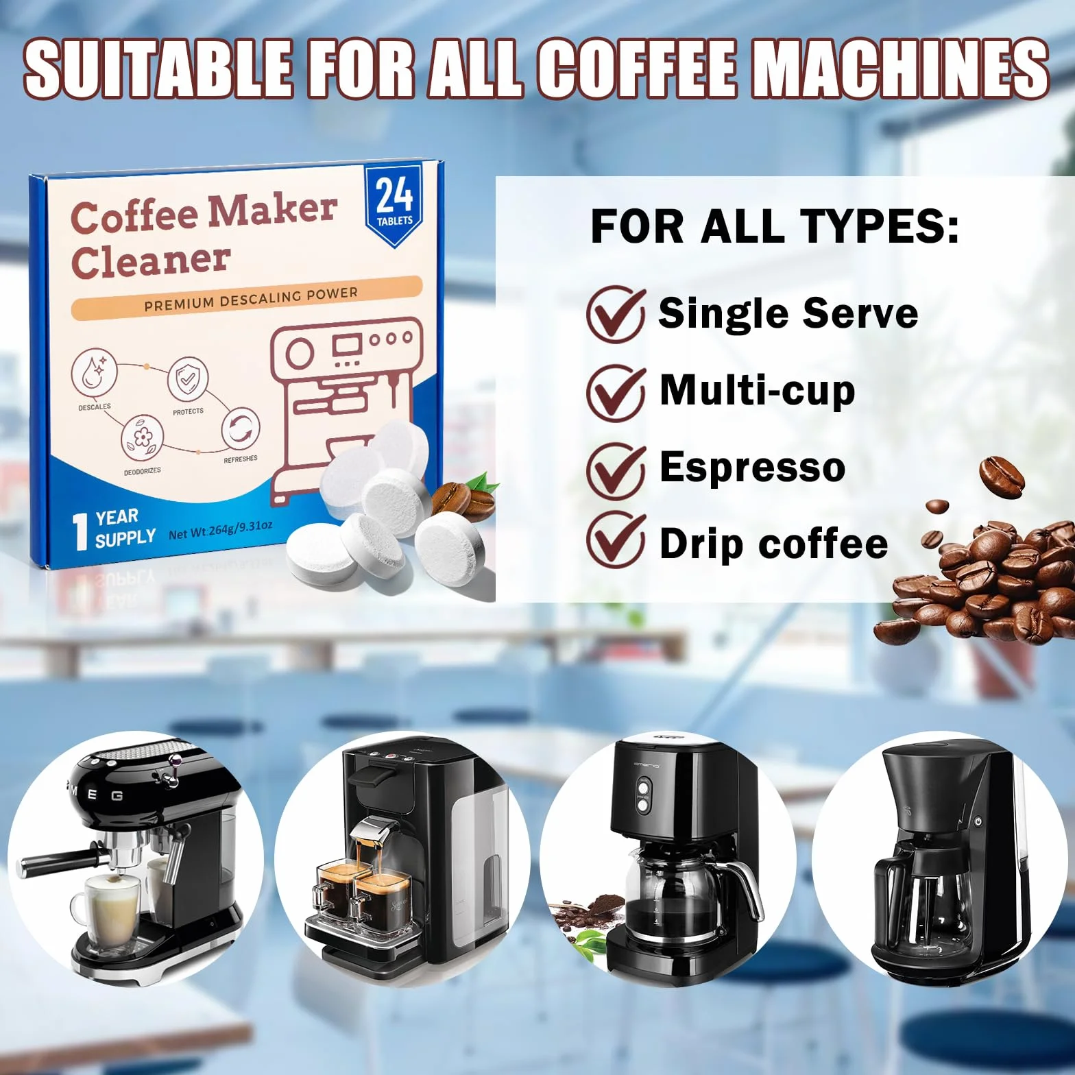 SCENTORINI Pastillas de Limpieza Para Cafeteras Automáticas 24 Unidades– Apto Para Todas Máquinas de Café con Depósito De Agua, Compatible Con Siemens, Jura, Delonghi, Bosch, Melitta, WMF, Miele