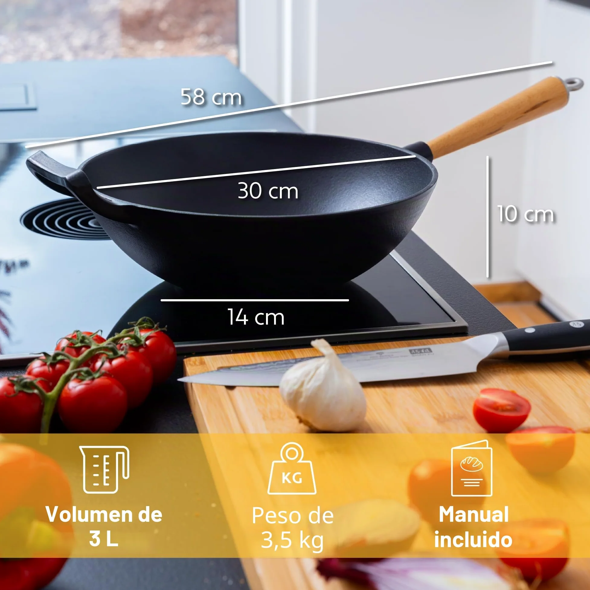 Wok de hierro fundido con revestimiento esmaltado, sartén antiadherente con mango de madera desmontable, utensilios de cocina, sartén de hierro fundido, wok antiadherente, 28 cm de diámetro