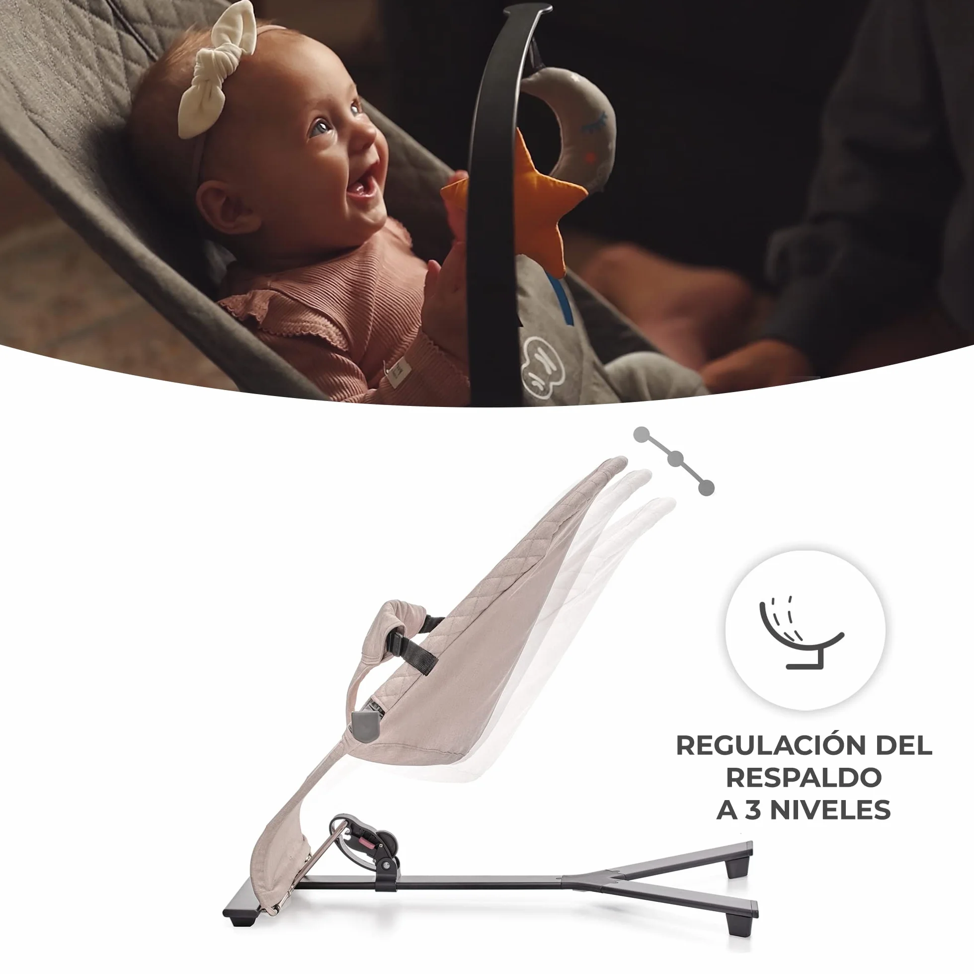 Kinderkraft MIMI Hamaca bebé Balancin 0-9 kg Plegado Compacto Reclinable una mano Movimiento natural Arco juguetes Beige