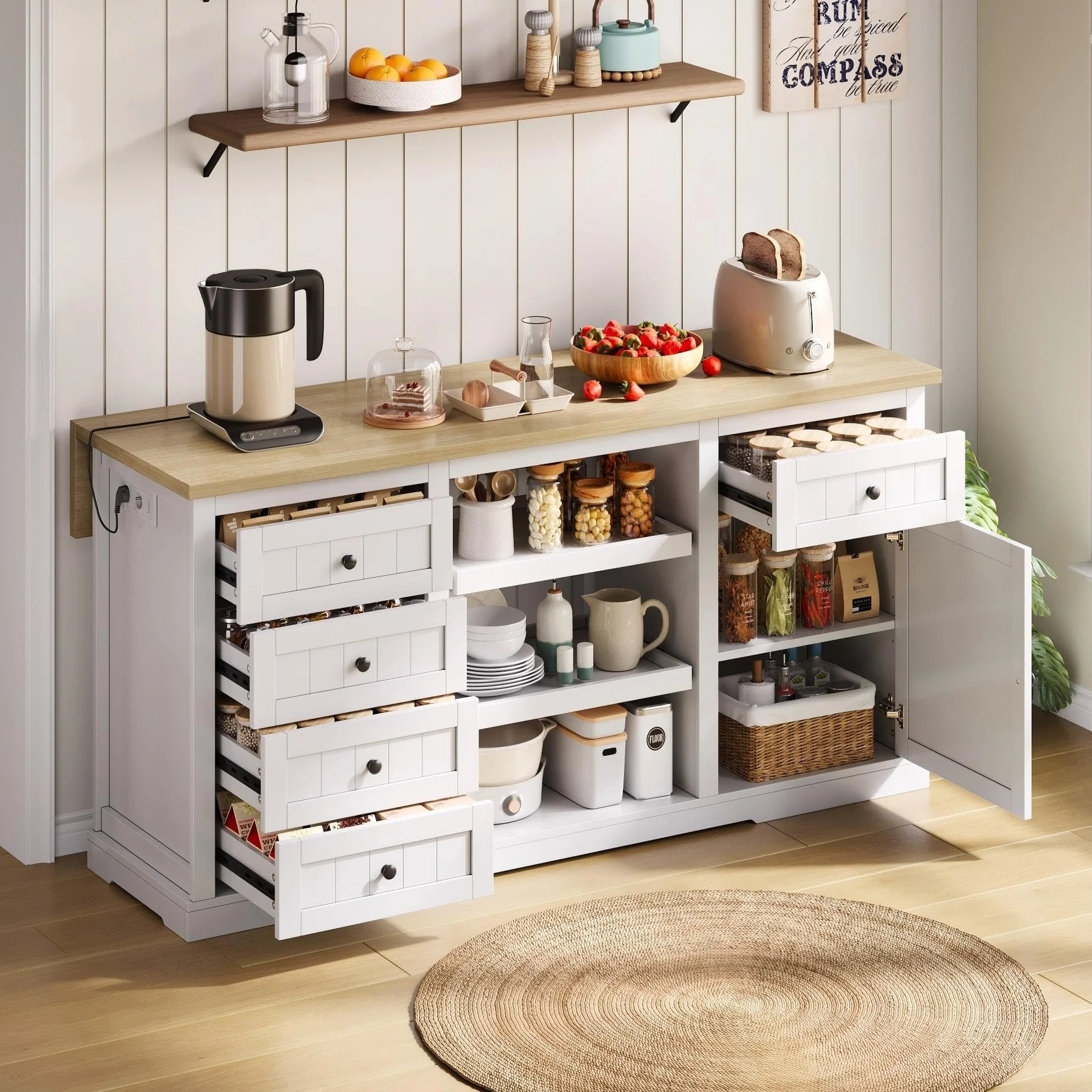 Isla de cocina, 150 × 65 × 75 cm, con cinco cajones, dos estantes extraíbles, un panel de extensión abatible y tomas integradas. Mueble bar, aparador, muebles blancos.