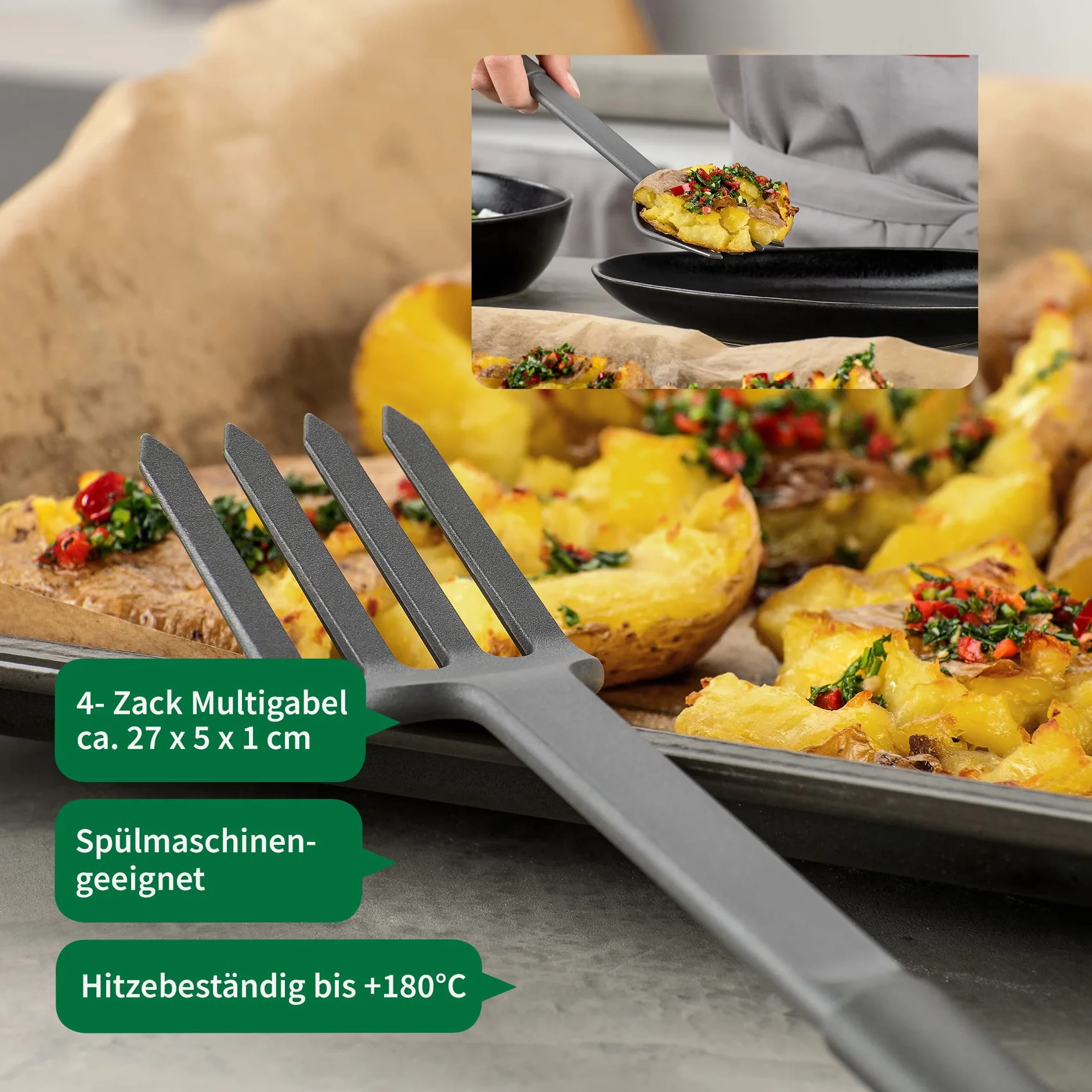 FACKELMANN Chefkoch Multitenedor de plástico – Tenedor de cocina con mango ergonómico Soft-Touch – Tenedor de cocina adecuado para ollas y sartenes con revestimiento – Resistente al calor y apto para
