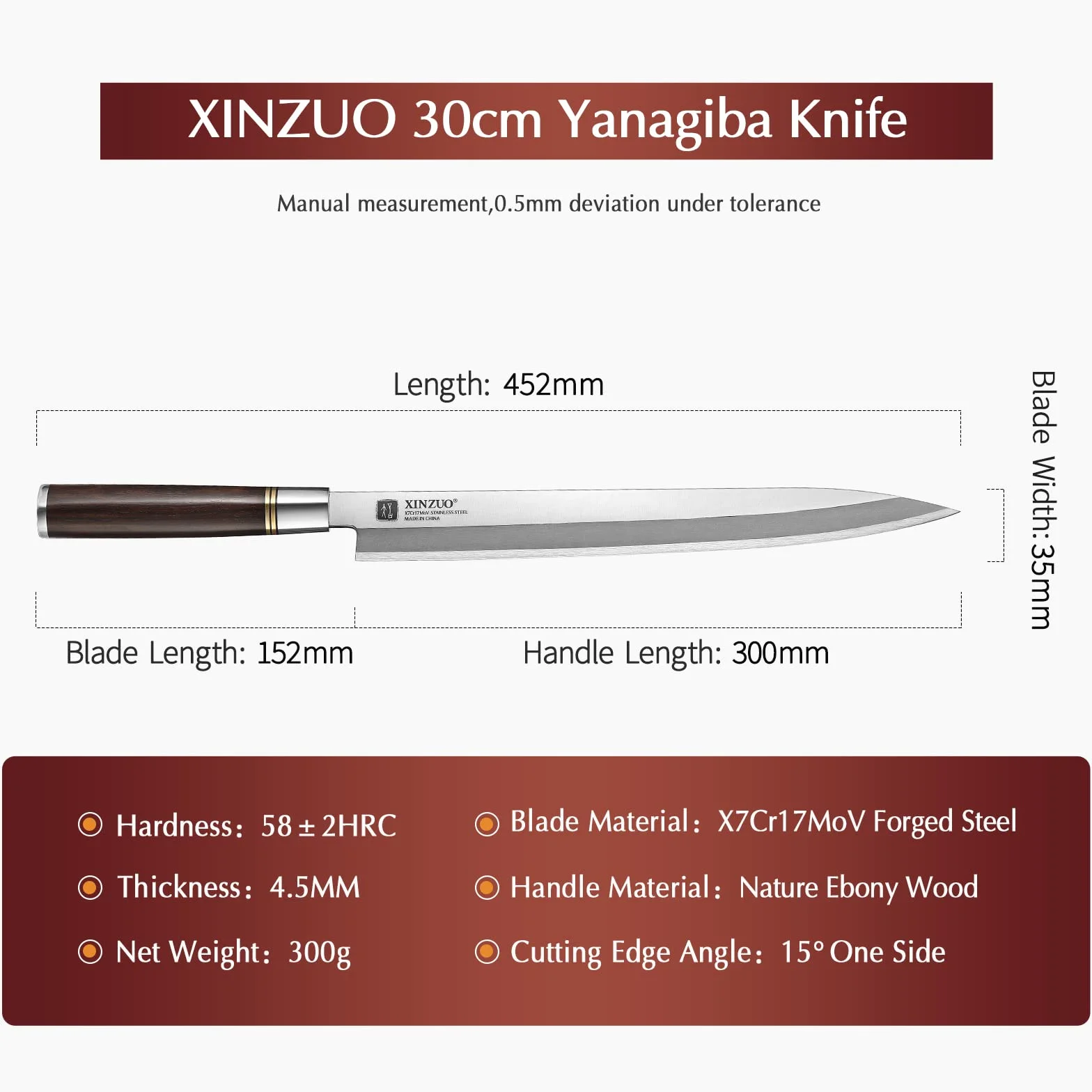 XINZUO 30cm Sashimi Cuchillo de Acero Inoxidable X7Cr17MoV, Yanagiba Tradicional Japonés con Hoja de un Solo Filo para Sushi, Mango de Madera de Ébano con Vaina