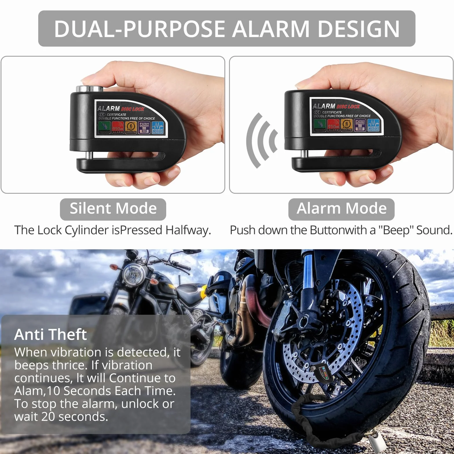 Justech Candado Moto Disco 110 DB Alarma 2 Modos + Candado Cadena Cable Recordatorio Bolsa Transporte Antirrobo Impermeable Alta Seguridad