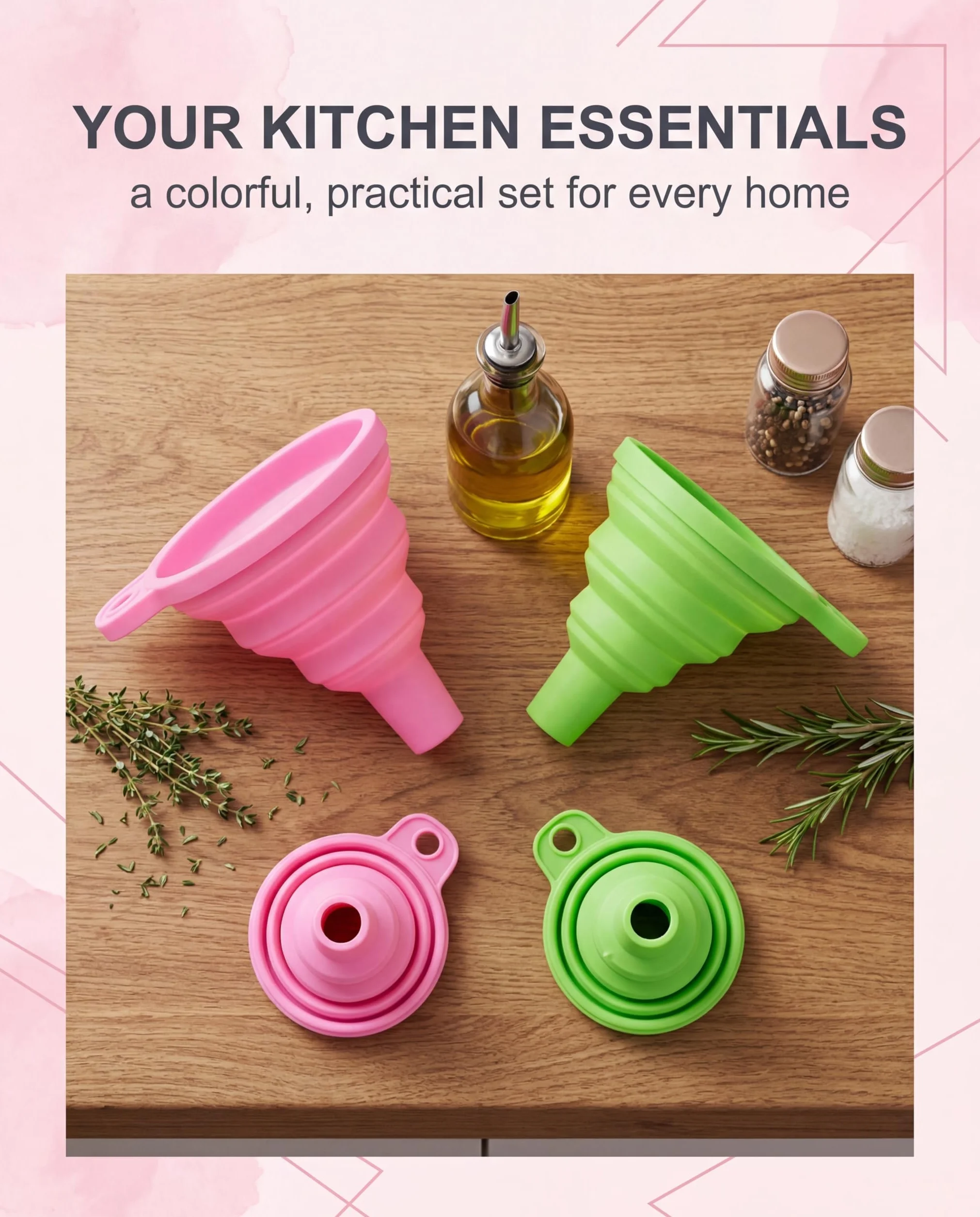 4 Embudos Plegables de Silicona, 2 Tamaños en Rosa y Verde, Set de Embudos de Cocina para Líquidos como Aceite, Cerveza, Ideal para Hogar y Camping (grande y pequeño)