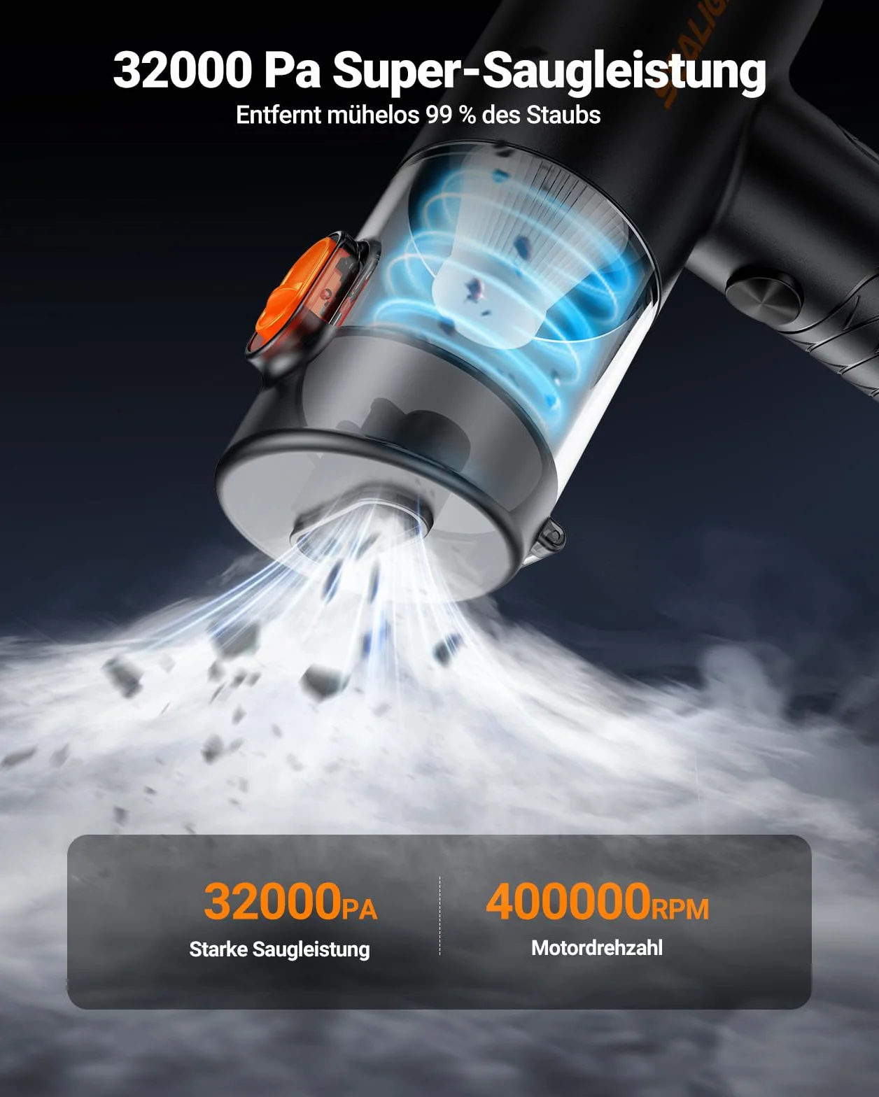SEALIGHT Aspirador de Mano, 32000PA 4 en 1 Aspiradora de Coche con Motor Sin Escobillas, aciado Automático de un Toque, Aspirador Coche con Motor Sin Escobillas, para Pelo de Mascotas, Coche, Hogar