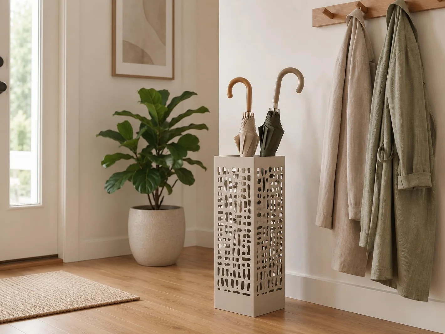 NORDIQ Paraguero Metálico Diseño Lineal Beige Elegante y Funcional para Entrada Oficina