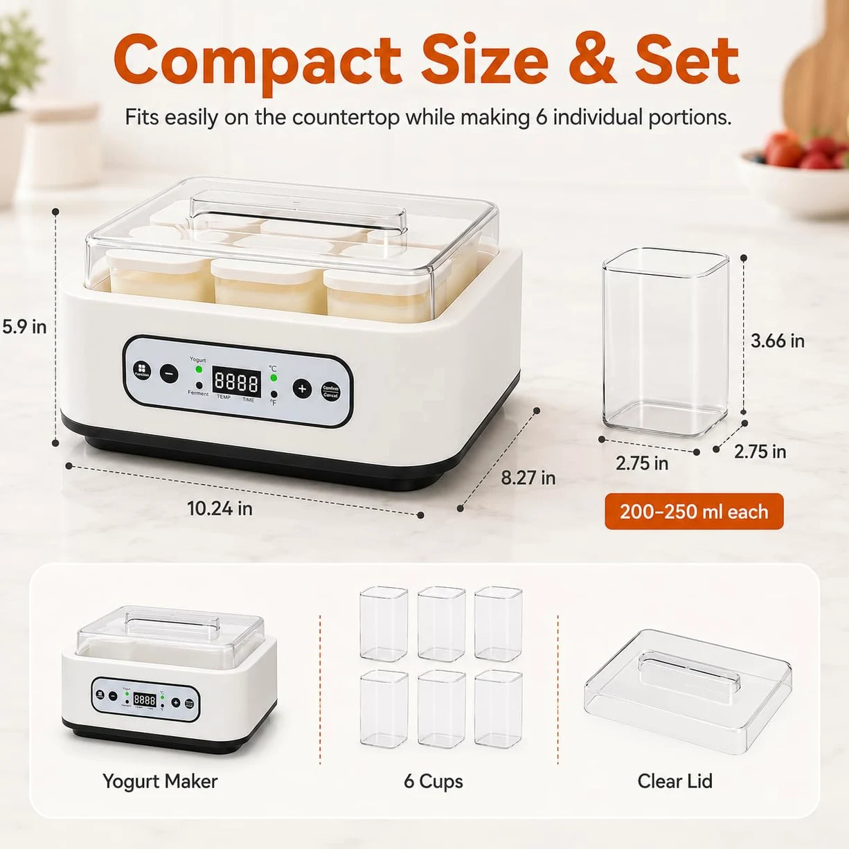 Yogurtera automática de 1000ML con 6 tarros, Control de Temperatura y Tiempo Ajustable de 36 Horas, fácil Limpieza, para Postre Griego casero