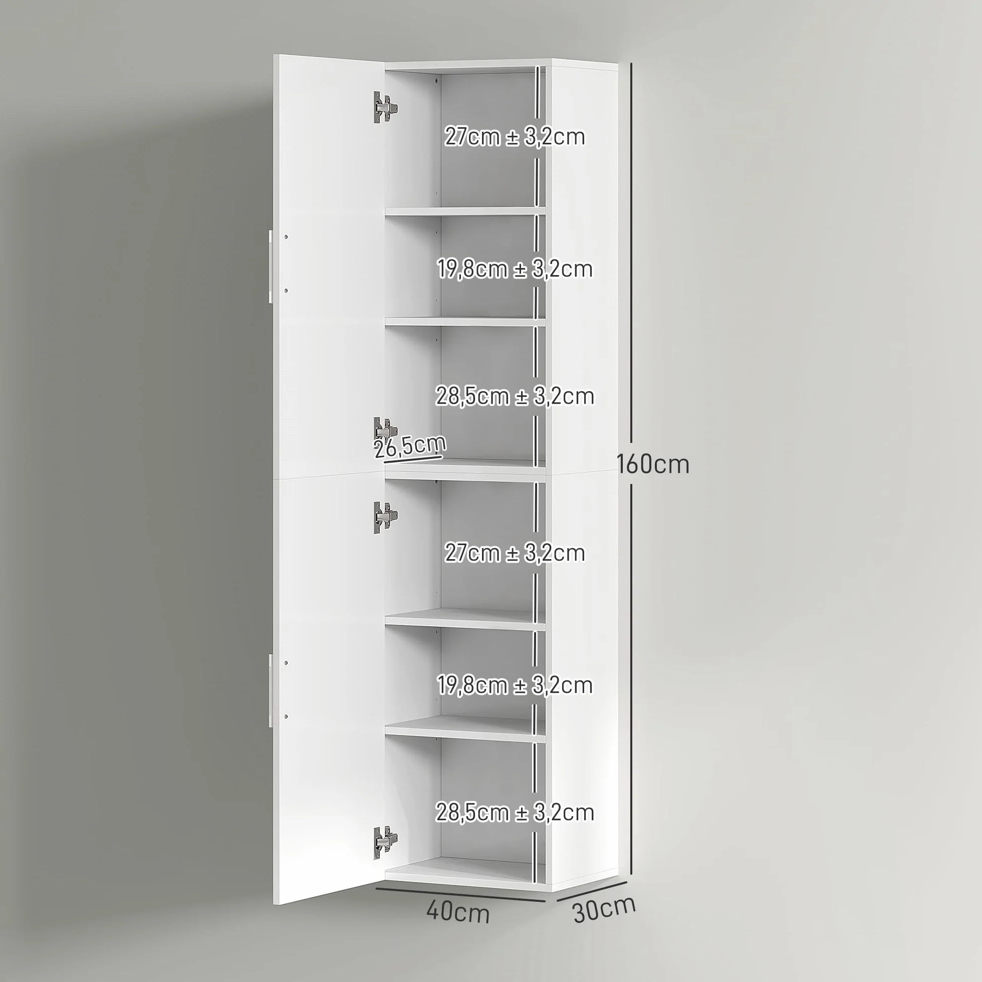 HOMCOM Armario de Baño de Pared Columna de Baño Estrecho con Estantes Ajustables y 2 Puertas Mueble de Baño Moderno para Espacio Pequeño 40x30x160 cm Blanco Brillo