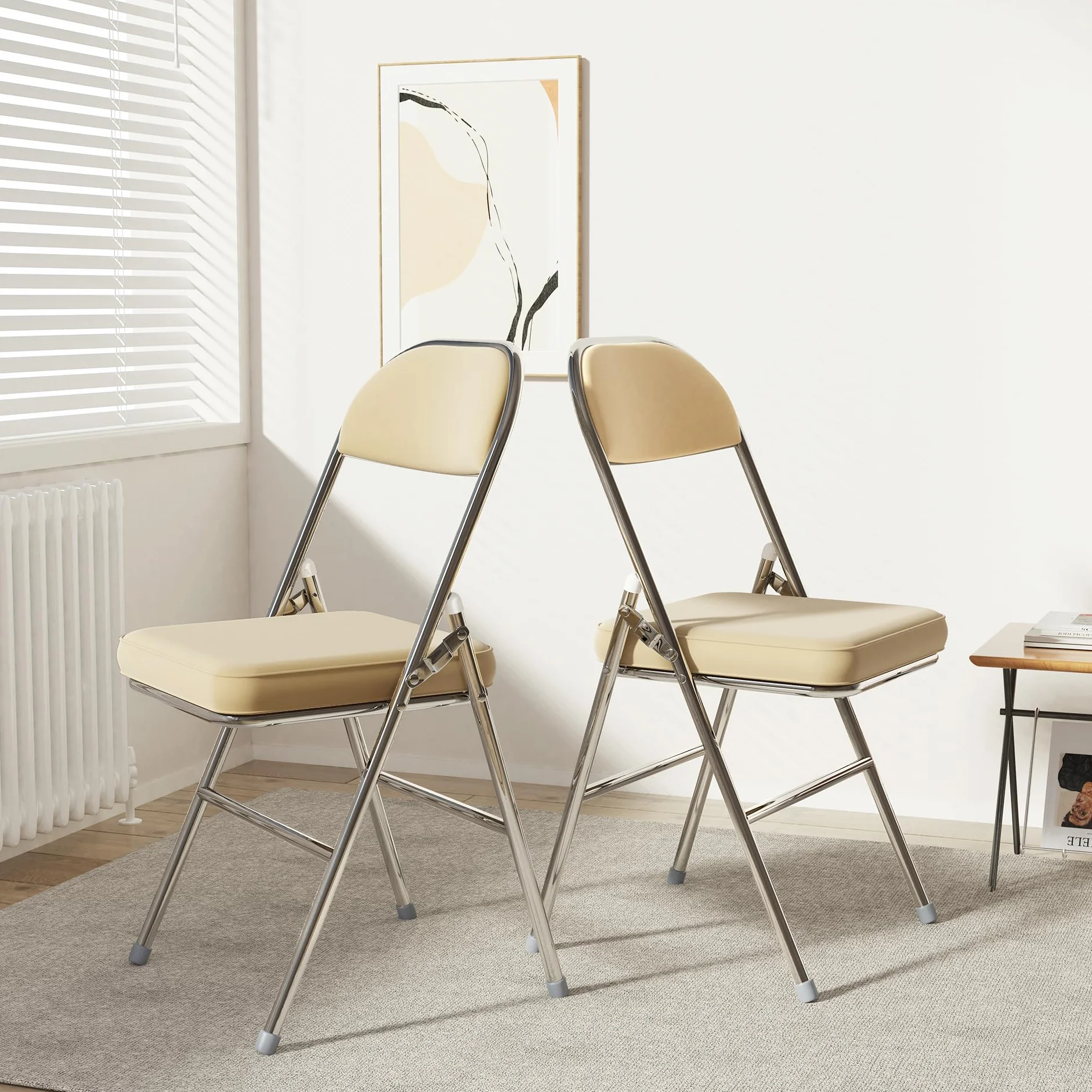 Juego de 4 Cómoda Silla Plegable sillas Plegables de Cuero para Cocina con cojín Grueso, sillas de Comedor Plegables para Cocina, Interior, Exterior, Sala de conferencias Beige