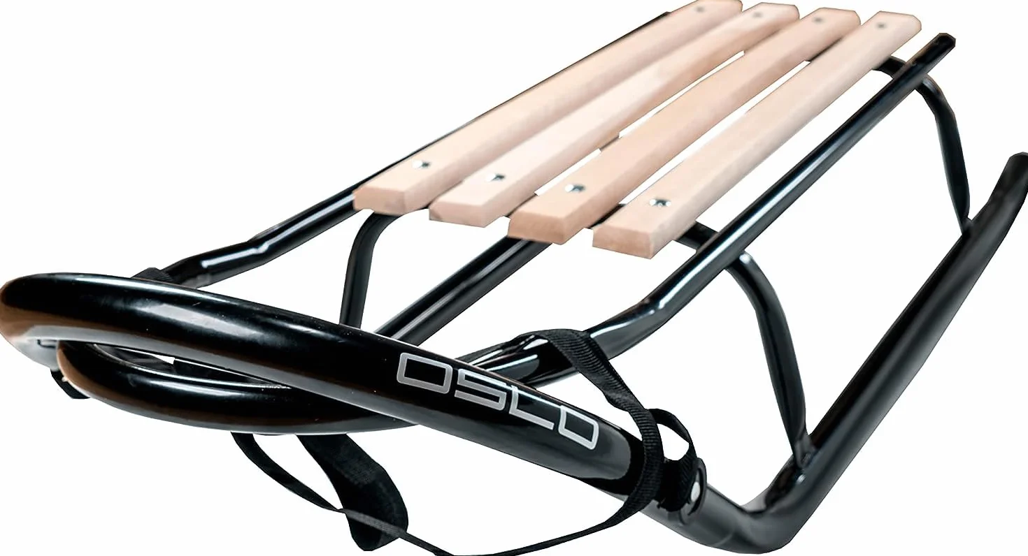 GagaDumi Trineo Oslo de metal, ideal para niños y adultos, capacidad de carga de hasta 120 kg. Patines anchos. Asiento de madera