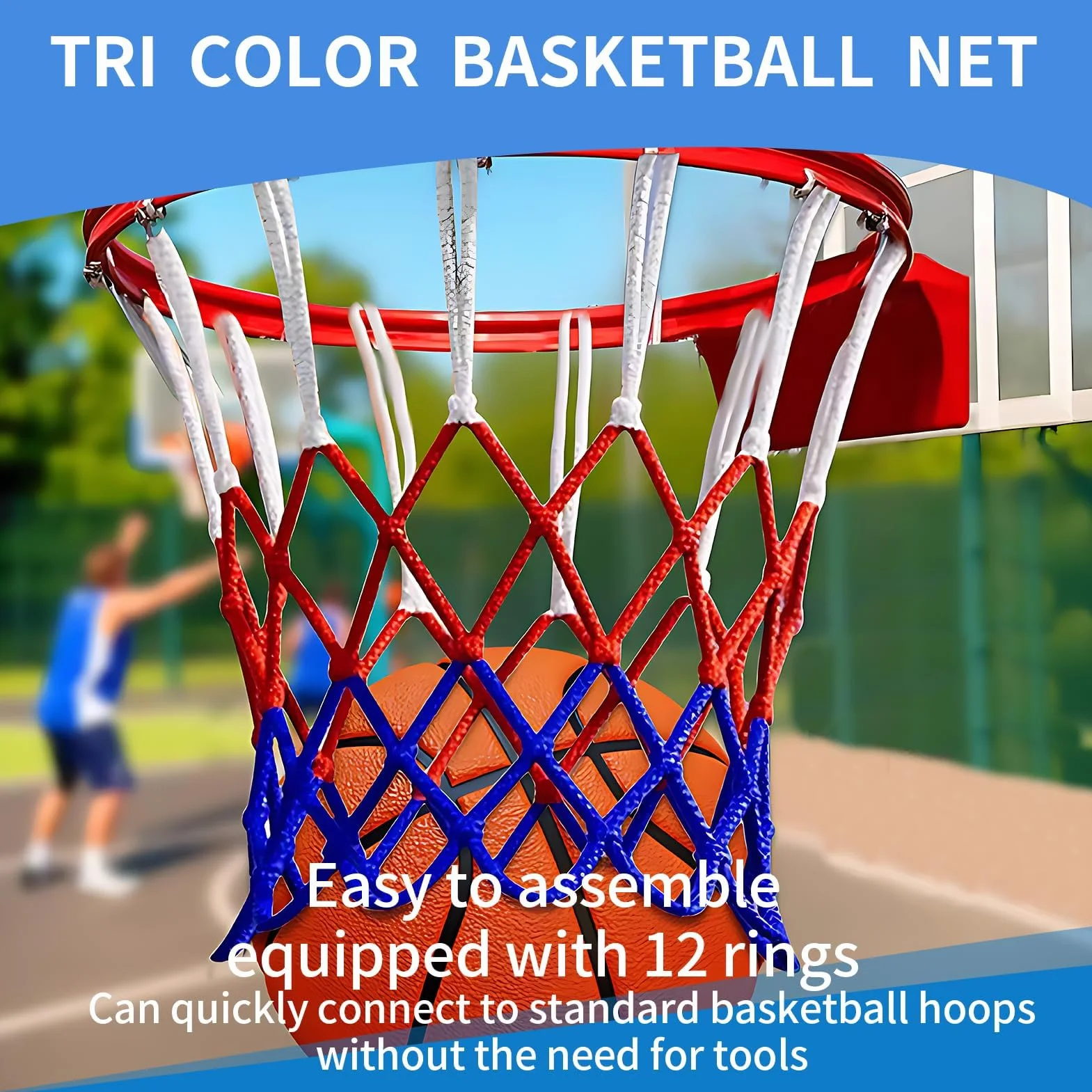 Red de Baloncesto Tricolor de Poliéster para Canasta 53 cm - Anillos Metálicos 45,7 cm - Azul Tamaño Oficial
