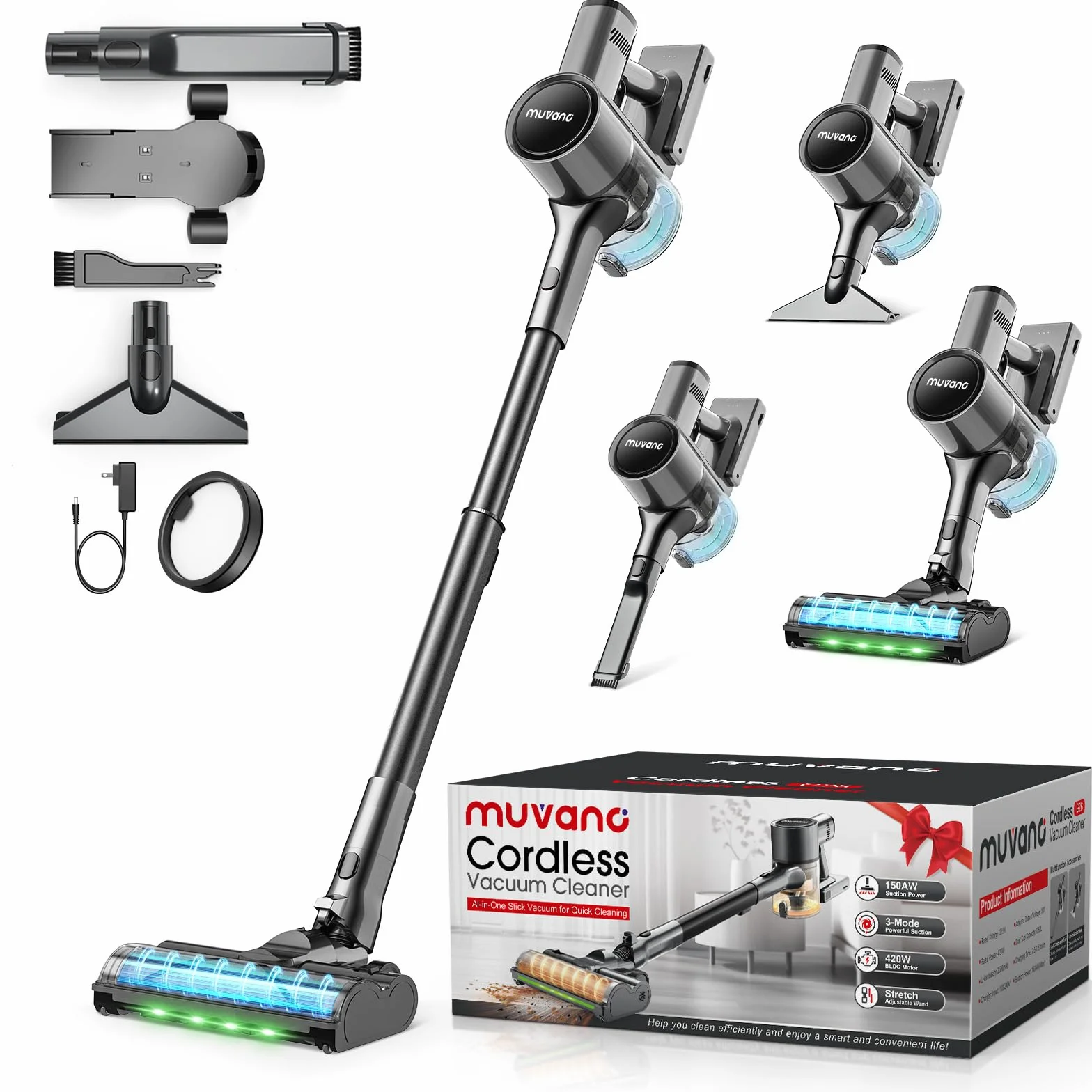 Aspiradora sin Cable Potente Succión de 45 kPa 500W Hasta 60 Minutos de Autonomía Resistente a Enredos Aspiradora Escoba Recargable con Soporte de pared para Pelo de Mascotas y Suelos de Madera