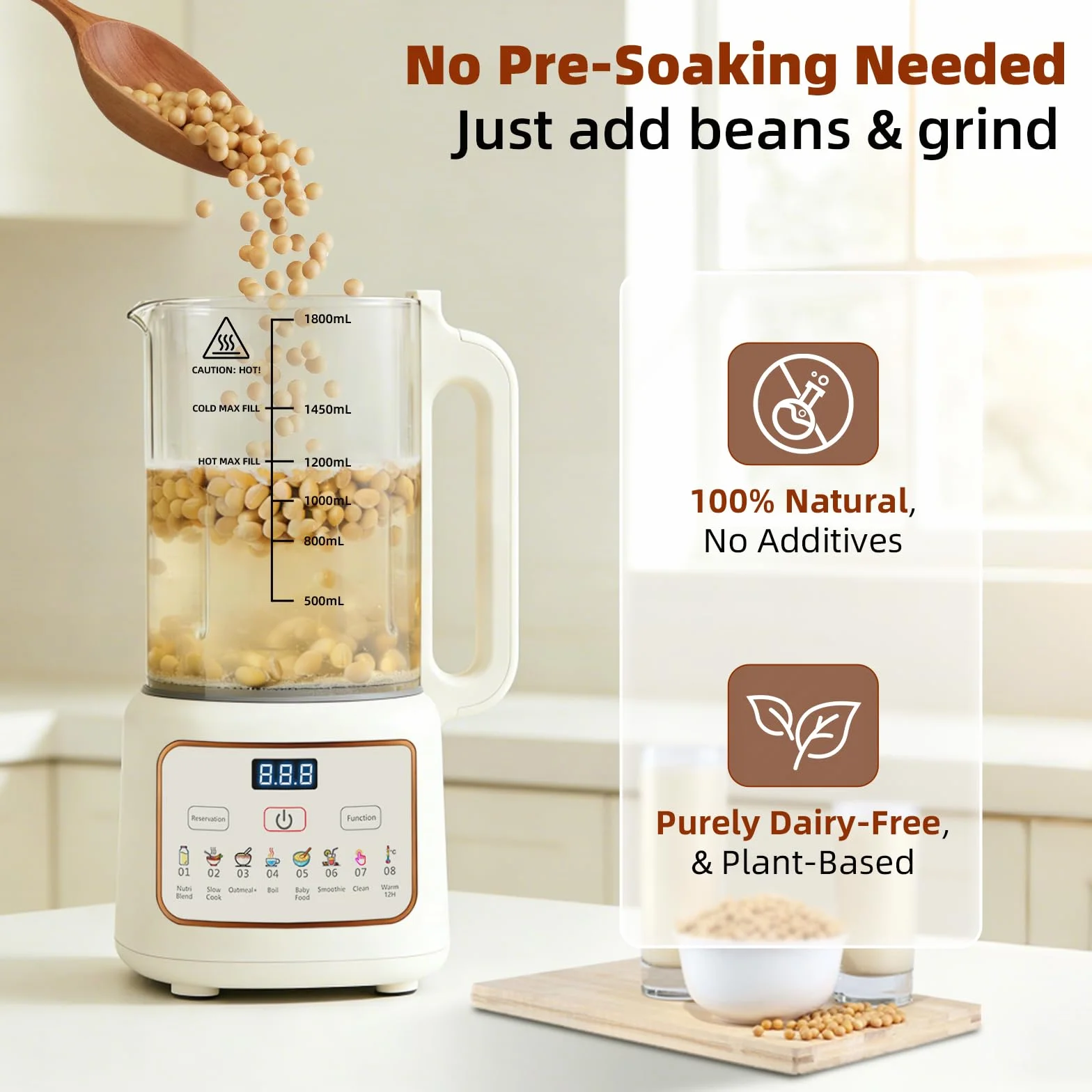 Máquina de Leche Vegetal 1500ml Máquina Multifunción para Leches Vegetales, 8 Programas Automática para Leche de Soja, Avena, Almendras, 800 W, Libre de BPA