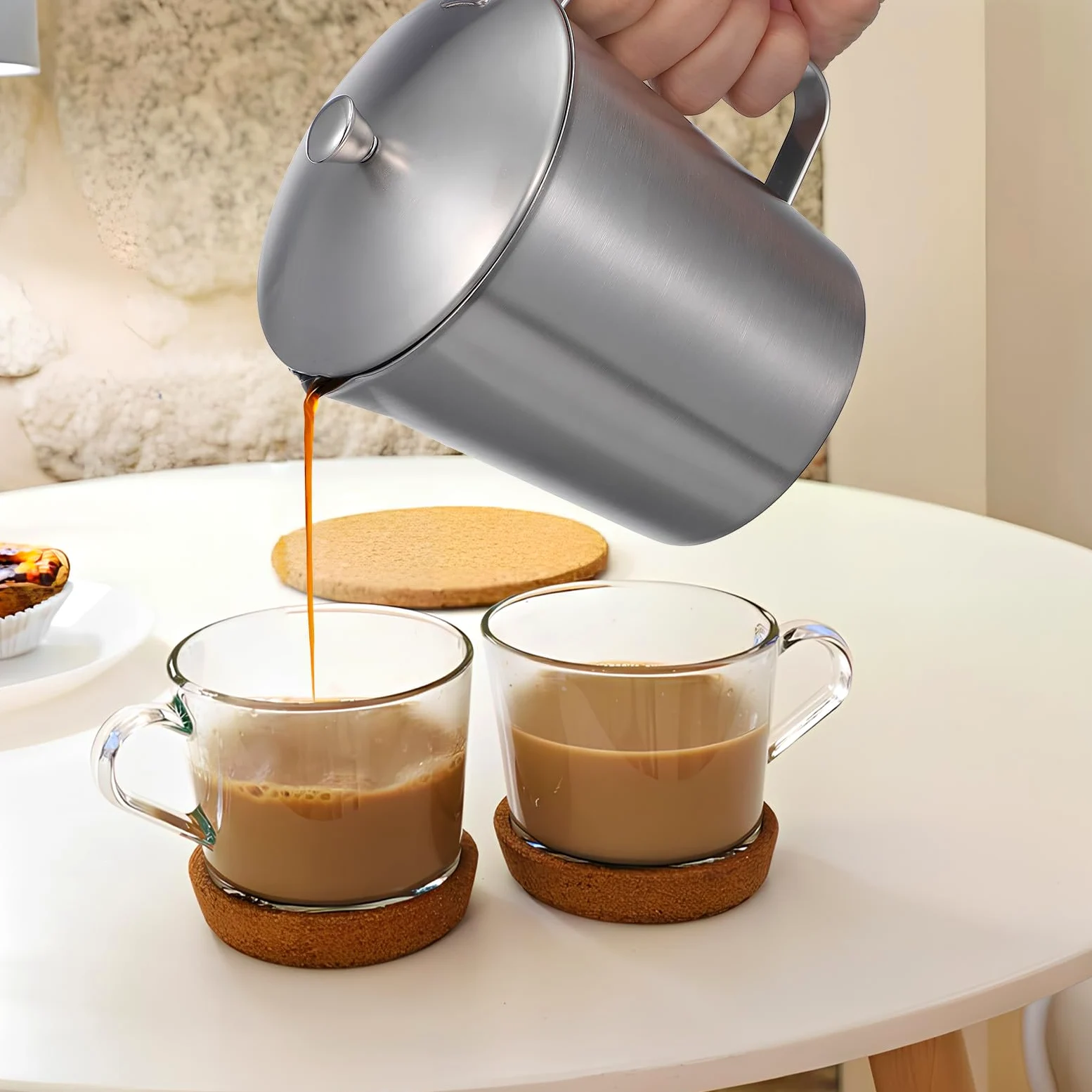 Taza Medidora que Evita Leche se Enfríe Rápido con Tapa Anti-caída 1000ml de Acero Inoxidable Jarra Graduada para Preparar Café con Leche y Barras