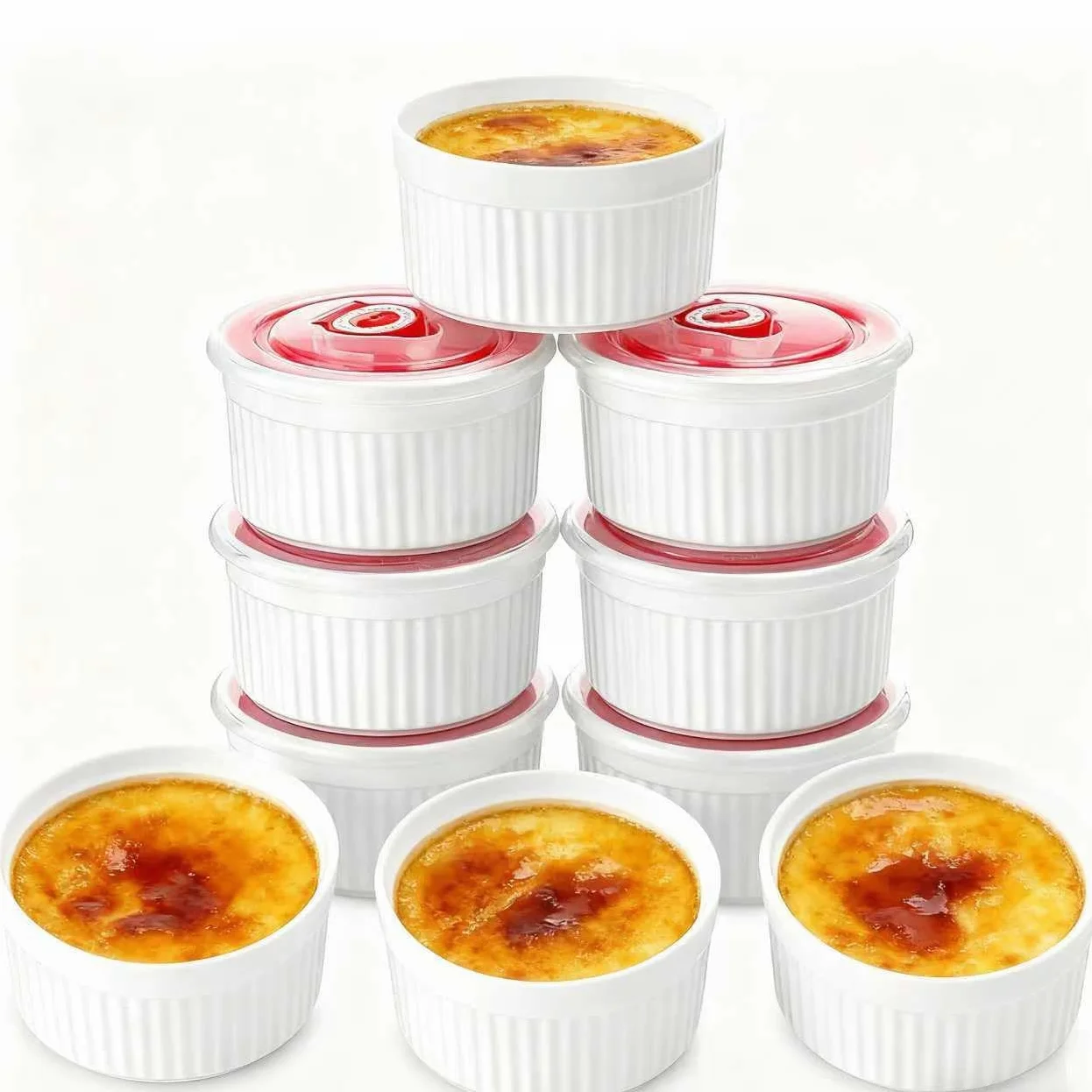 Mfacoy Ramequines con tapas, juego de 6 ramequines de porcelana de 8 onzas con cubiertas, tazas de natillas de pudín blanco para hornear, cuencos pequeños para salsas, postres, lavavajillas y horno