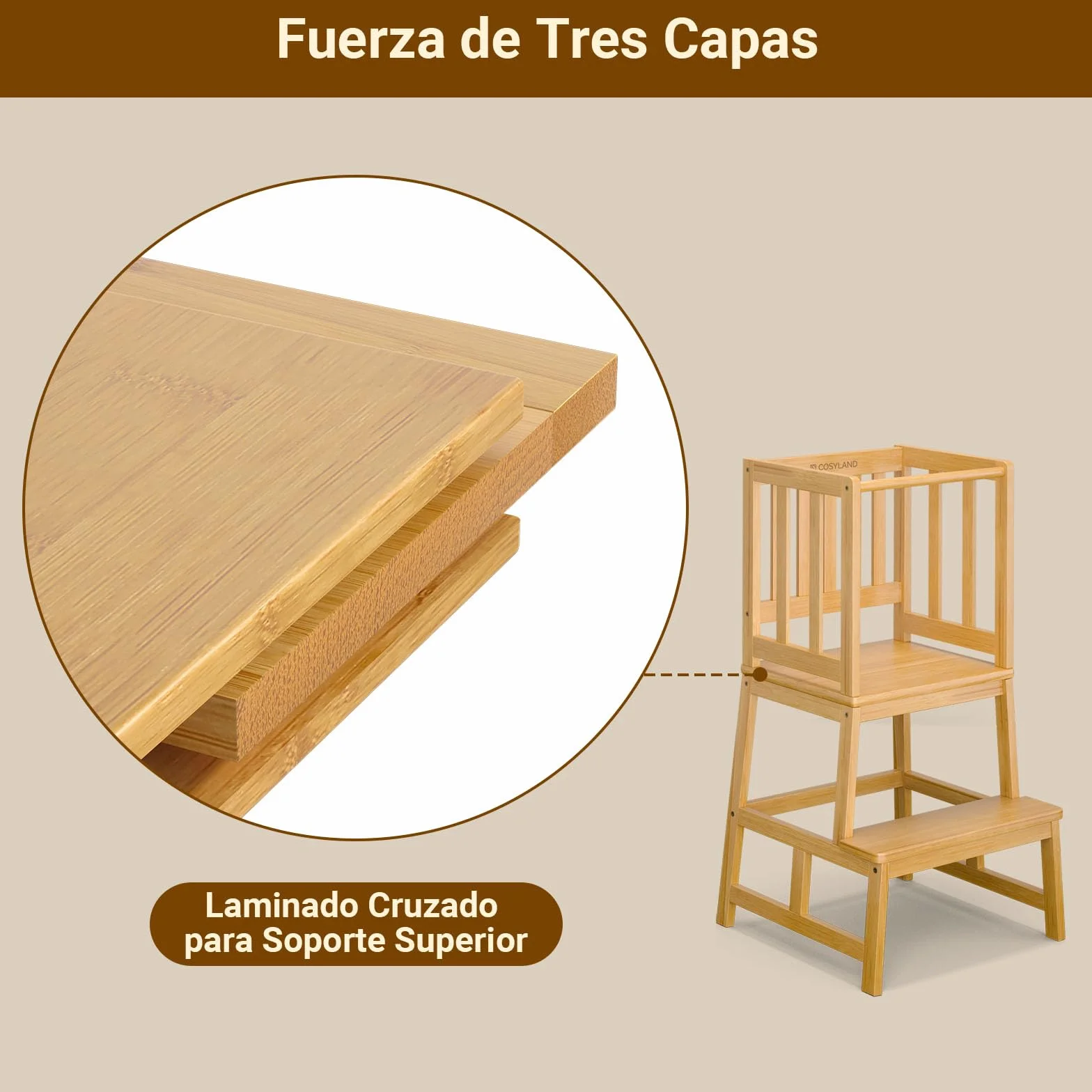 COSYLAND Torre de Aprendizaje Montessori Natural Bamboo 18 Meses Antivuelco