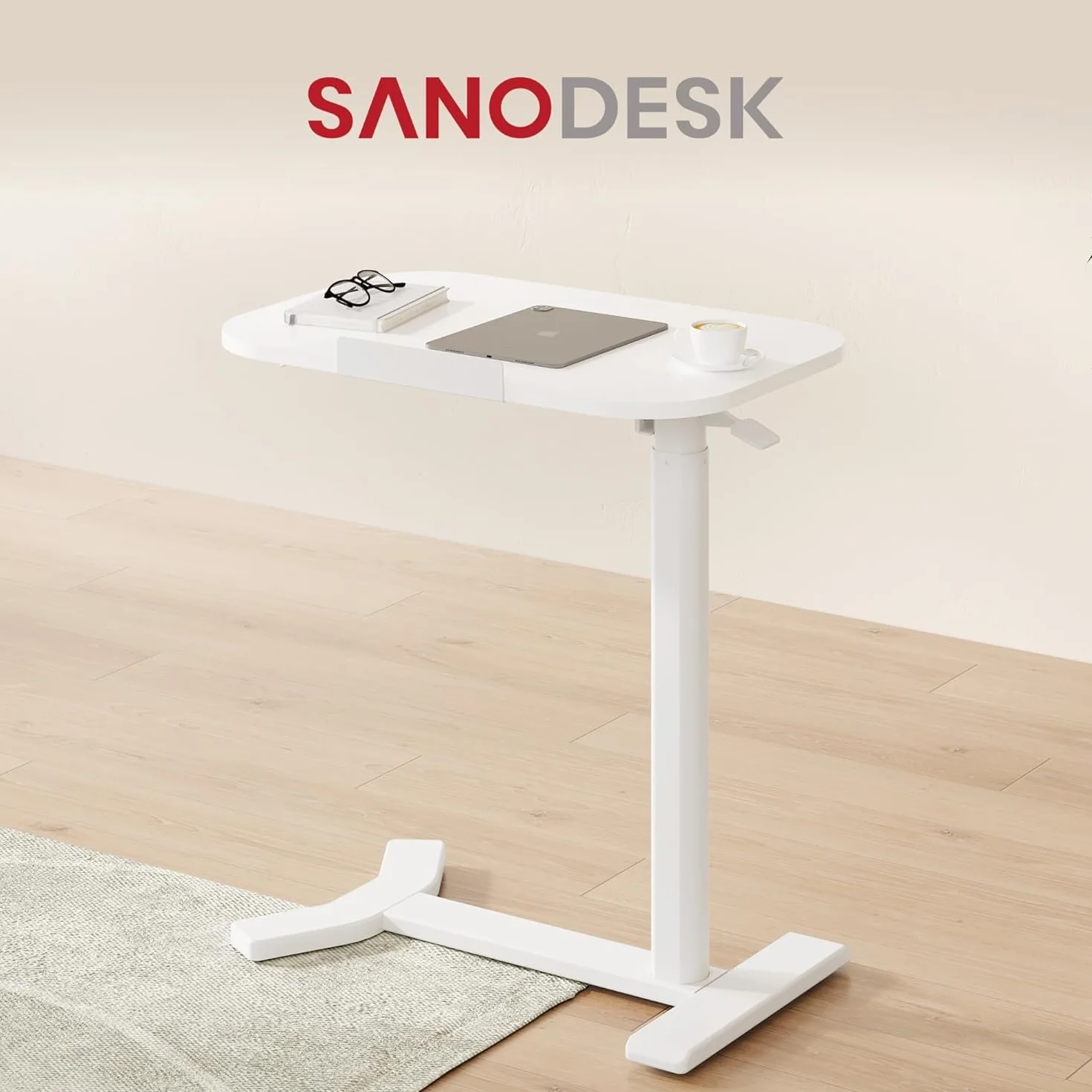 SANODESK Mesa Auxiliar con Ruedas para Ordenador, Altura Ajustable, con Soporte para Bebidas, para Cama y Sofá, Móvil y Multifuncional, Color Blanco