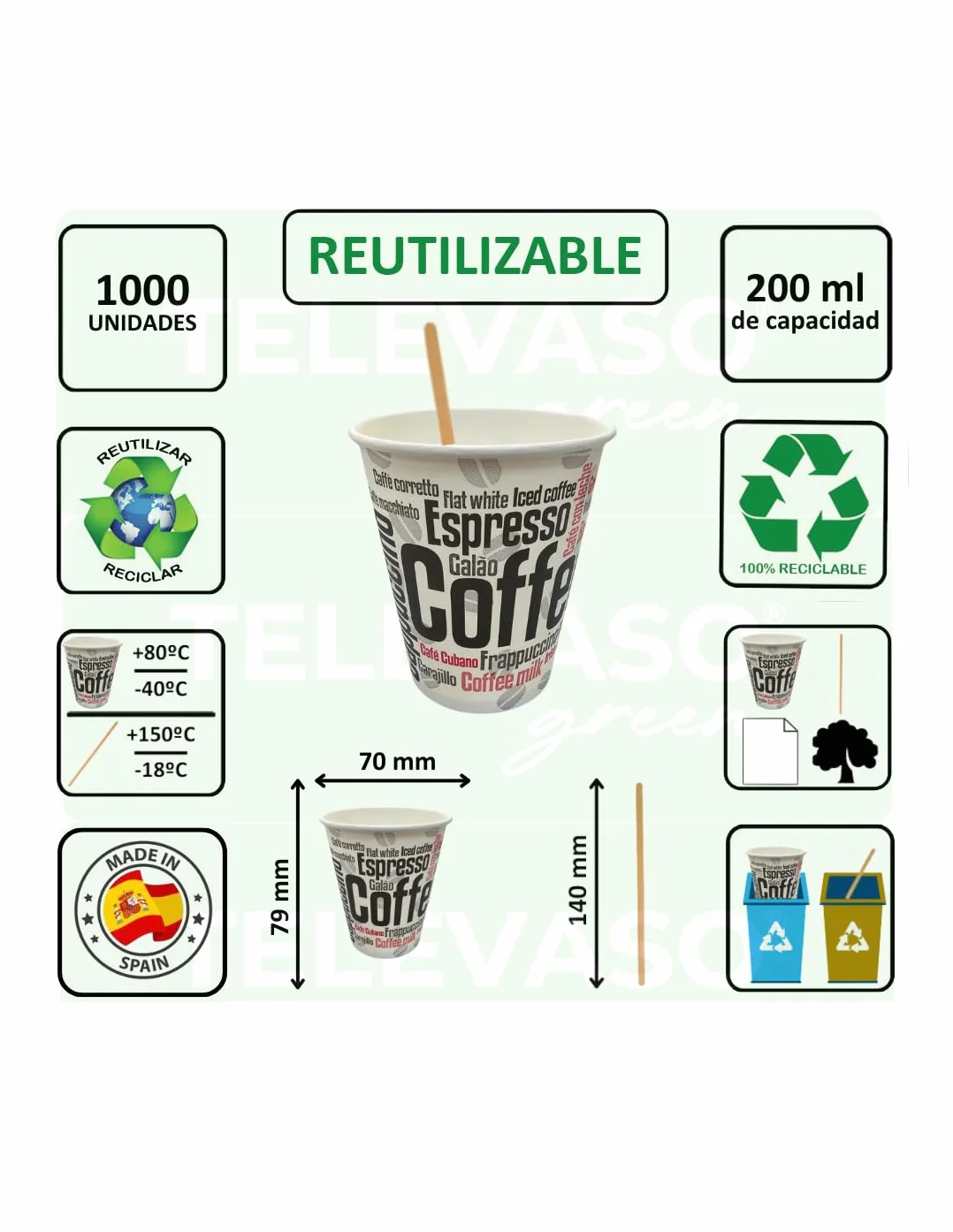 1000 Vasos Desechables 200 ML Cafe Vasos Carton Desechables con 1000 agitadores Cafe, Vasos ecologicos Reutilizables Bebidas Calientes, te, Leche, Resistentes al Calor, Capacidad