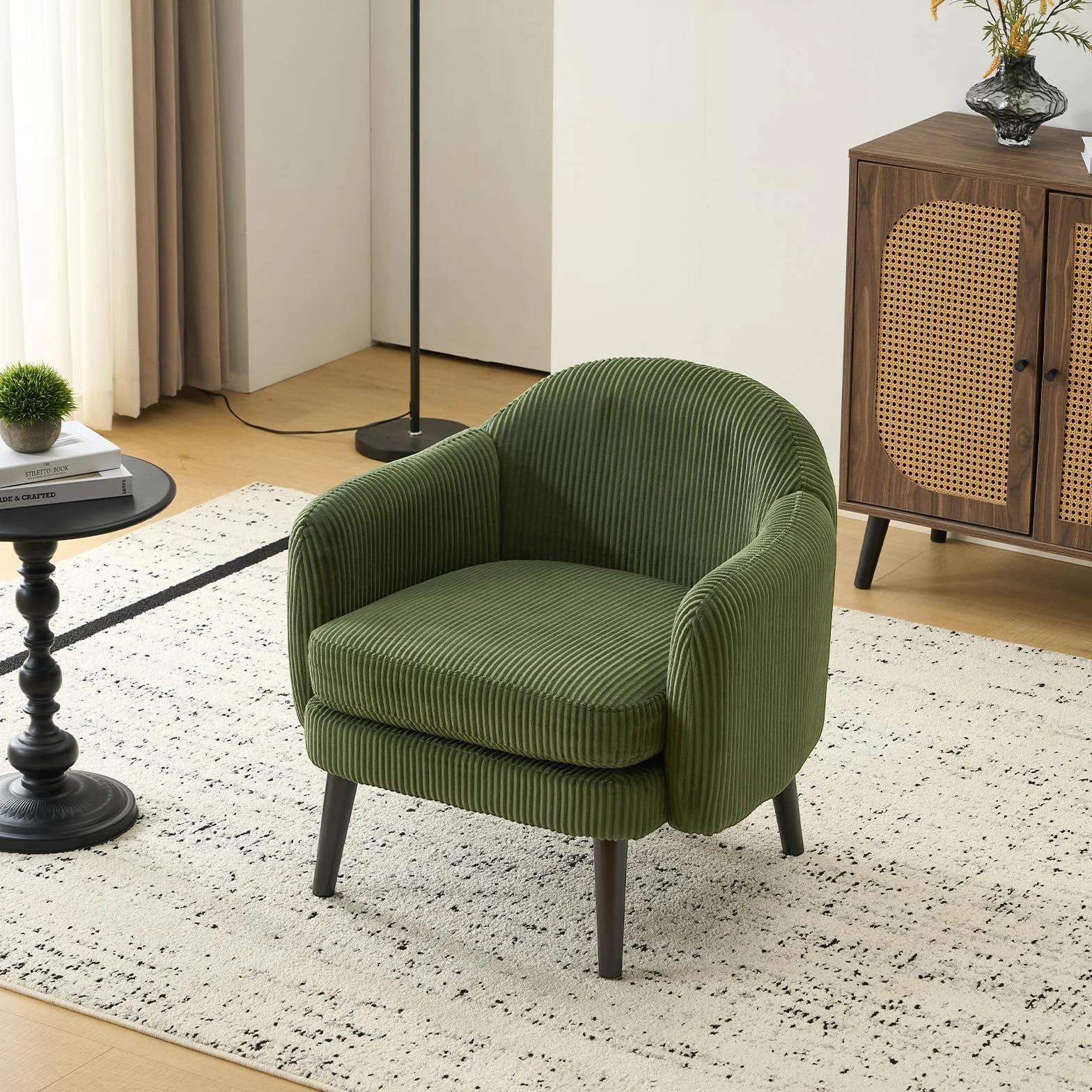 Bonnlo Butaca Tapizada de Pana Moderna, Sillón Individual de Lectura con Reposabrazos, Patas de Madera, Sillón Auxiliar para Salón y Dormitorio, Estilo Nórdico (Verde Oscuro)