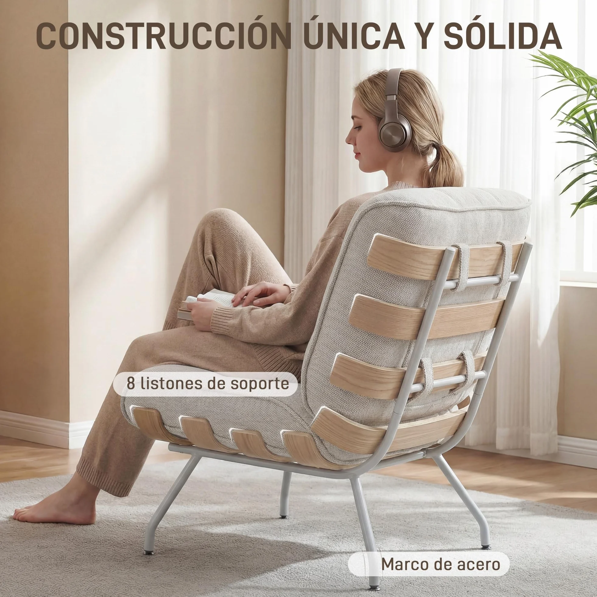 HOMCOM Butaca de Salón, Tapizado en Lino, Sillón Lectura con Asiento Acolchado, Soporte con Listones, Estructura de Acero, Butaca para Sala de Estar, Dormitorio, Crema