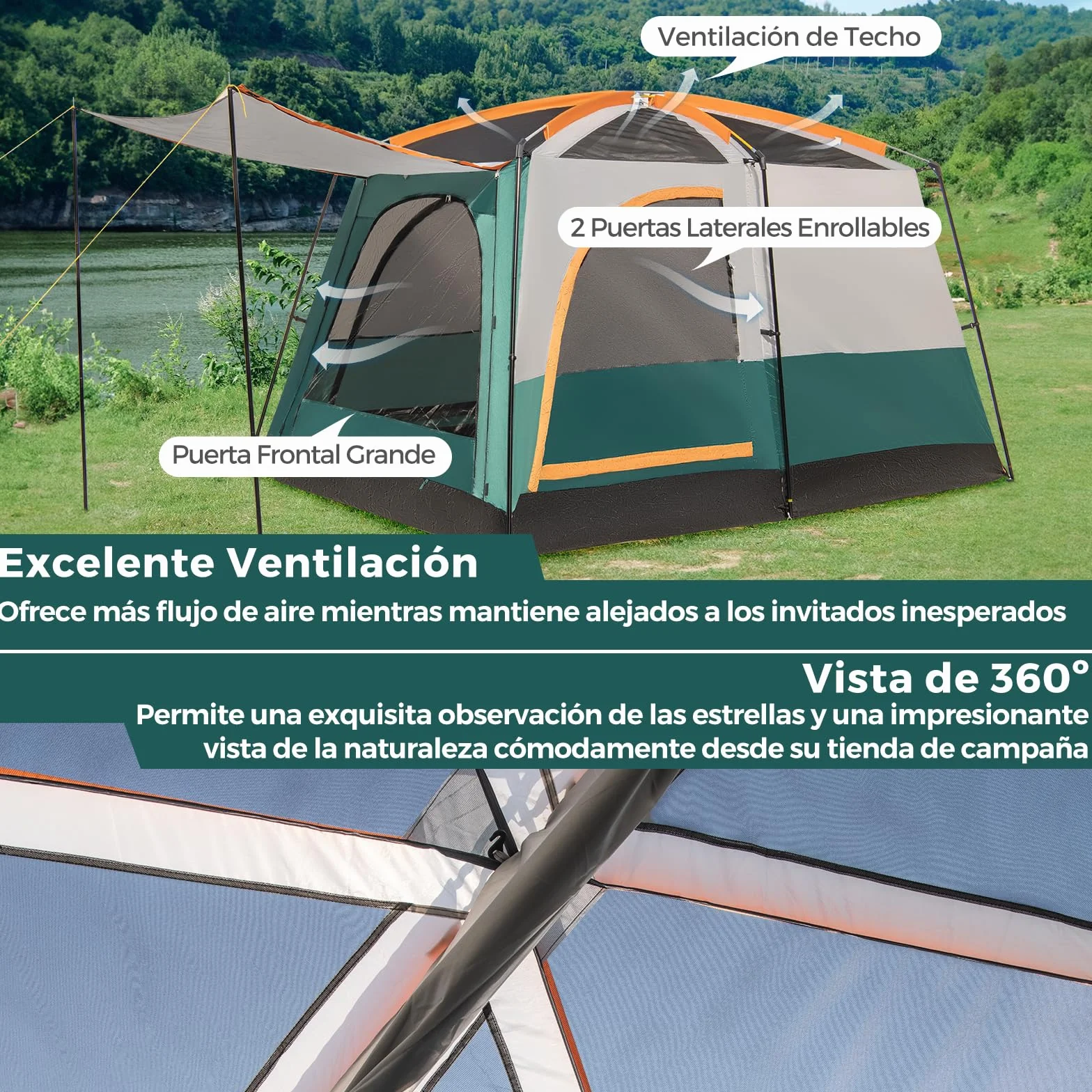 COSTWAY Tienda de Campaña para 6 Personas 2 Habitaciones Impermeable Resistente al Viento Lona PE Ventanas de Malla Bolsa de Transporte