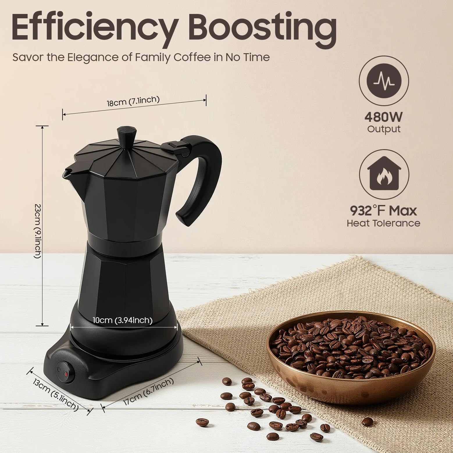 Cafetera eléctrica de 480 W, 300 ml, cafetera de aluminio, para 2-3 tazas de capuchino y americano, con válvula de seguridad, mango anticaldo, adecuado para el hogar y la oficina