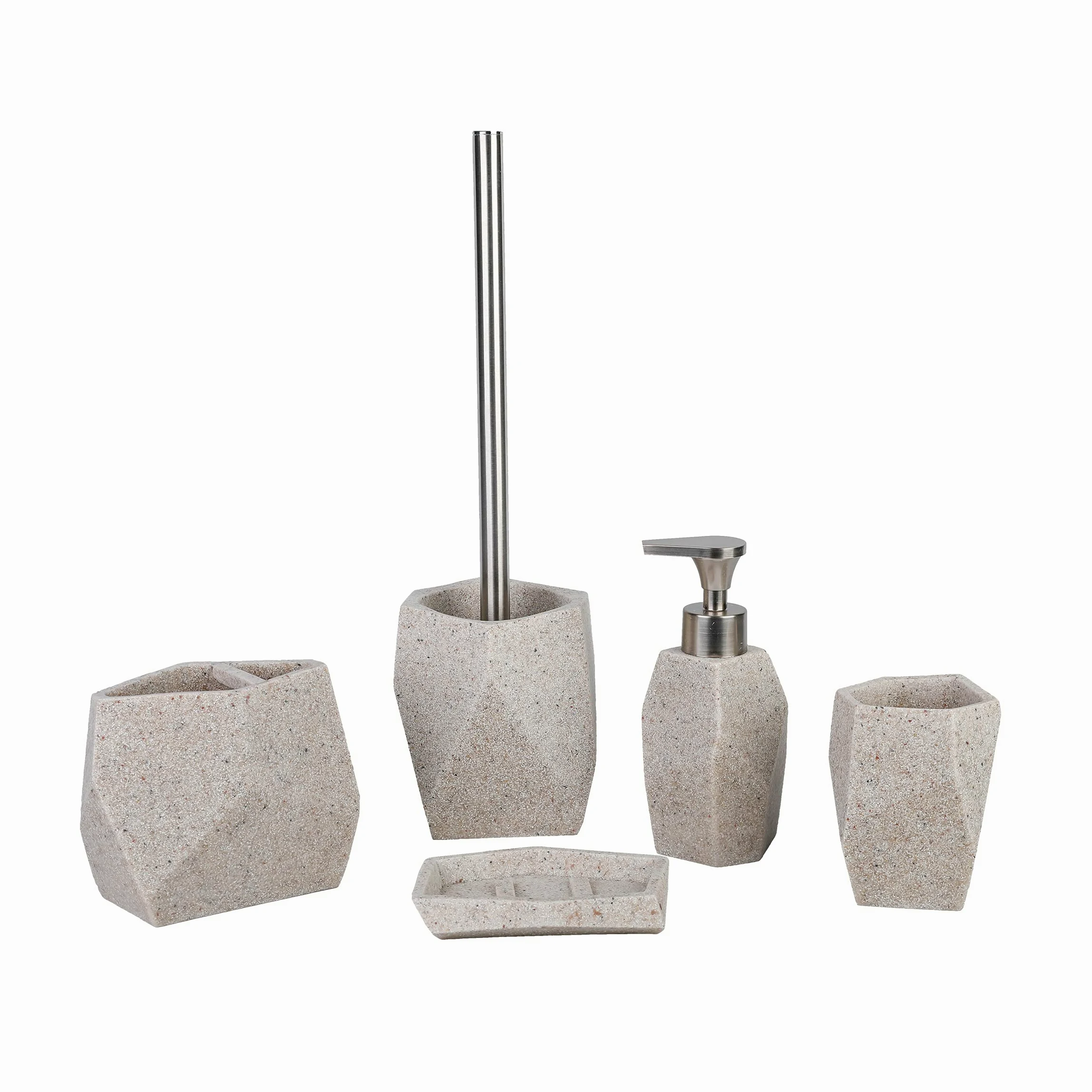 axentia Juego de Accesorios para Baño Santorino, Set de 5 Piezas de Poliresina Accesorios para Cuarto de Baño, Beige