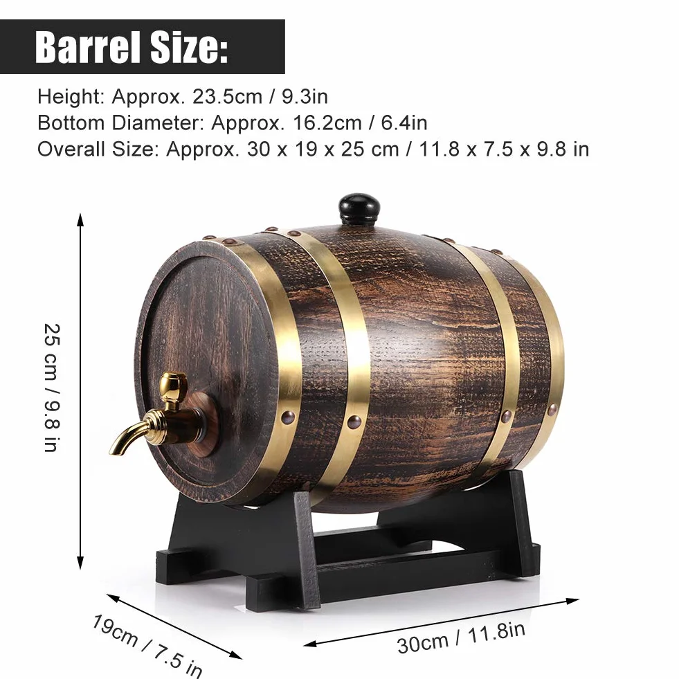 Barril de envejecimiento de roble de vino | Barril de roble americano estilo retro de 3 litros para vino tinto, brandy y whisky | Cubo de brandy con grifo y soporte | Spot negro