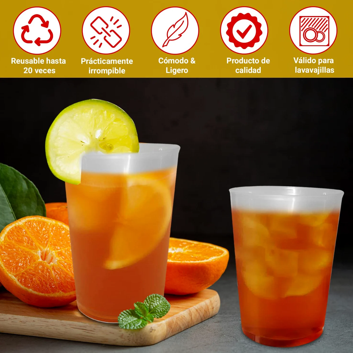100 Vasos de Sidra 600 ML Reutilizables - Plástico Duro Irrompible - Uso en Fiestas, Oficina o Camping - Ecológico sin BPA - Para Agua, Cocktail, Cubatas, Gin Tonic y Cerveza