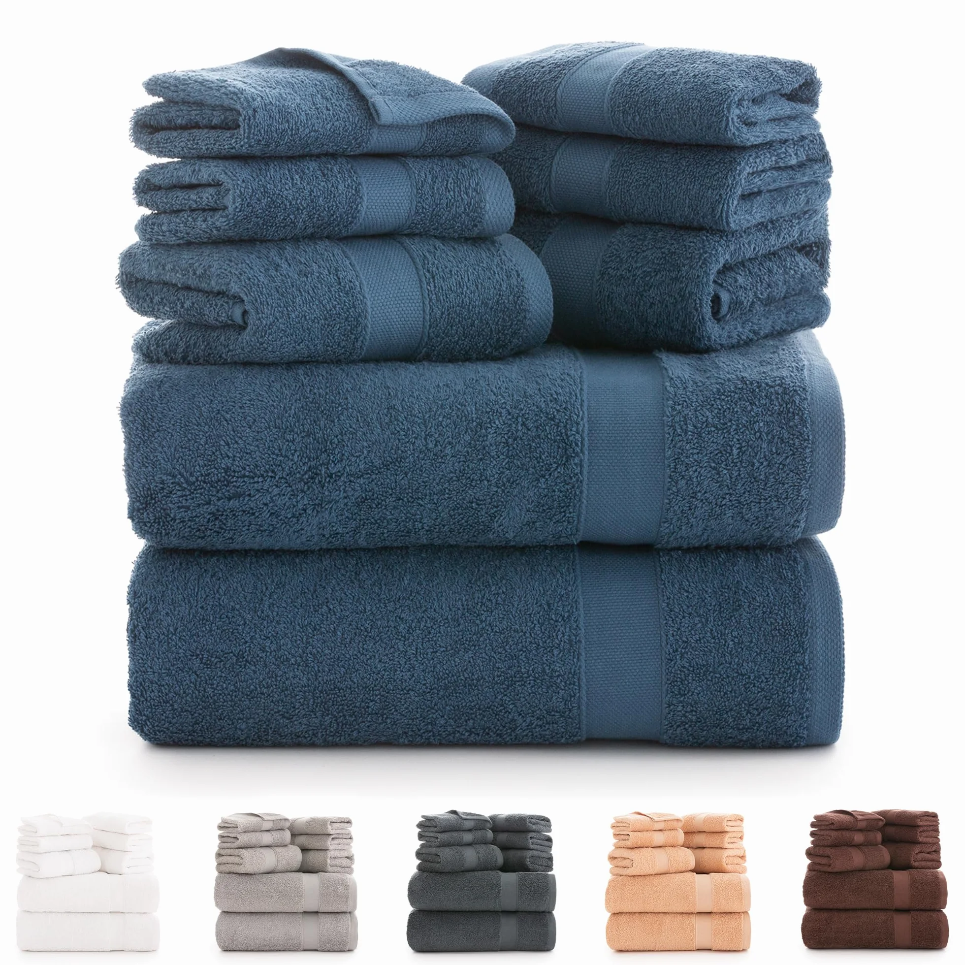 Todocama - Juego de 8 Toallas de Baño 100% Algodón (550 gsm) Extra Suaves, Alta Absorción y Secado Rápido, 2 Toallas de Baño, 2 de Mano y 4 de Cara (Azul Marino)