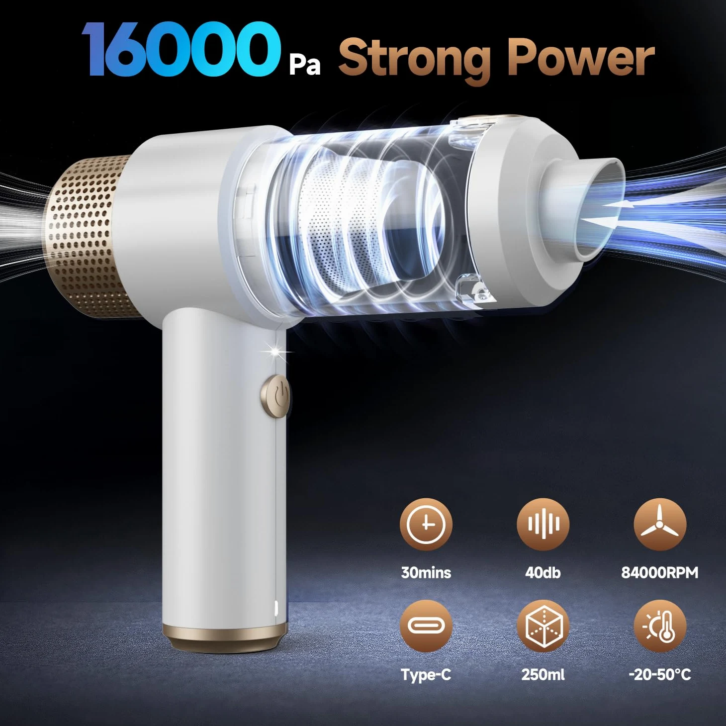 Vizeusvac 16000PA Mini Auto Aspiradora Inalámbrica Potente 7 en 1 Aspiradora de Mano Portátil Inalámbrica con Luz LED Doble Filtro One Touch Vacío Pelo de Animal para Hogar Oficina