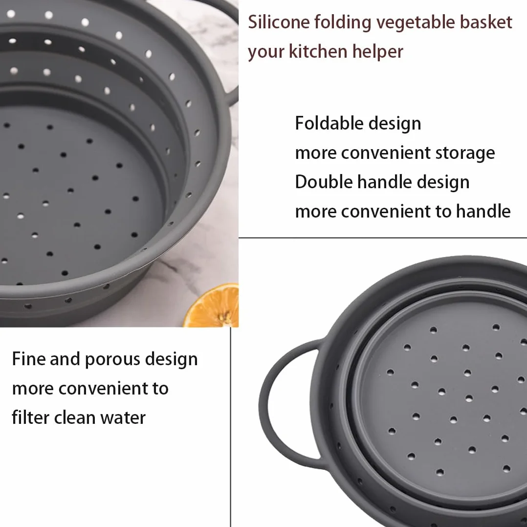 Colador de Pasta Plegable Ahorro de Espacio, fácil de Limpiar y Apto para lavavajillas - Colador de Silicona 21,5cm Gris - Ideal para cocinar y escurrir