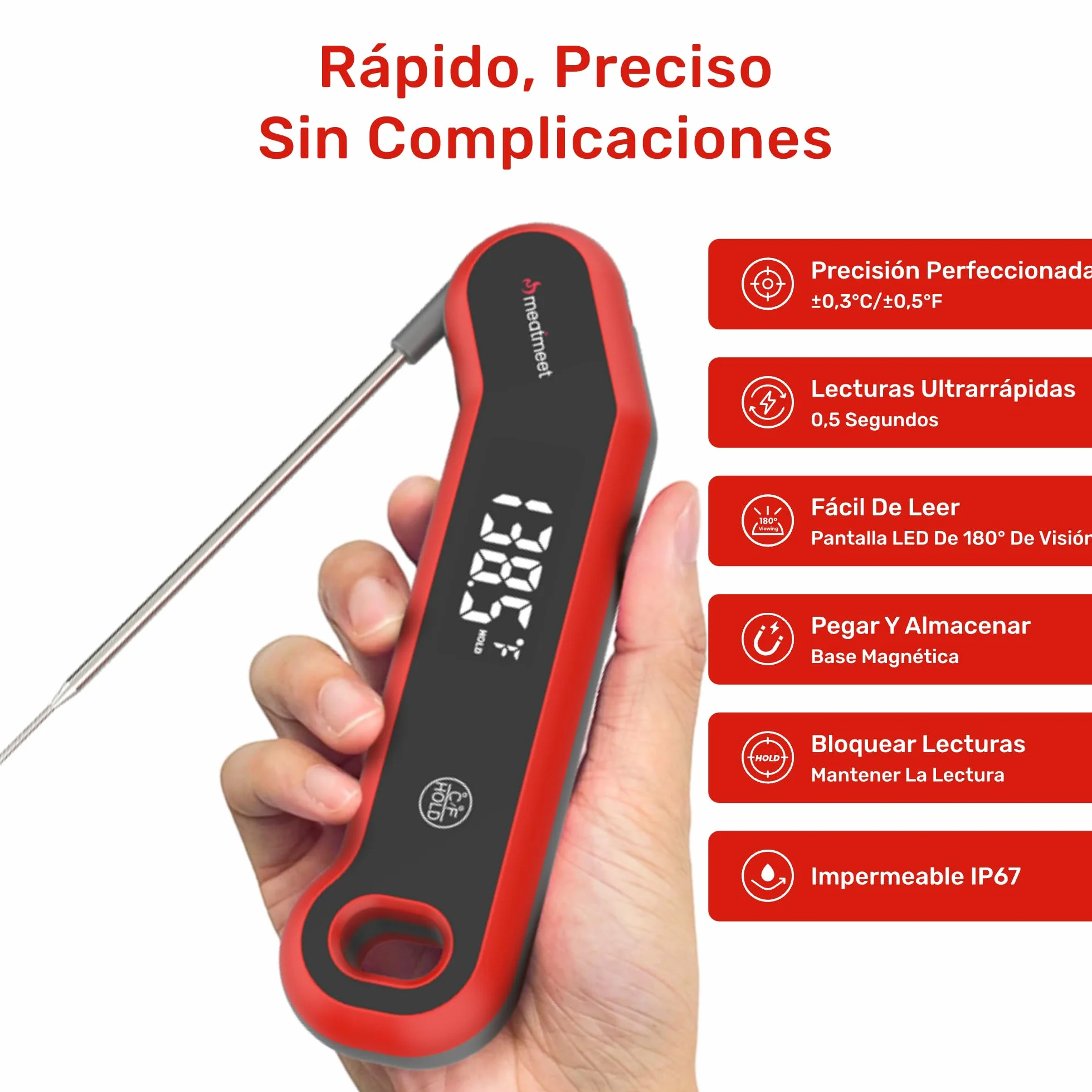 S1 Termometro Cocina Digital de Lectura Instantánea de 0,5s, precisión ± 0,3 °C, Equipado con rotación de pantalla LED giratoria, activación por movimiento y apagado automático