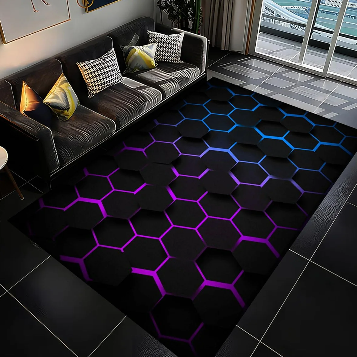 Alfombra Habitacion Juvenil Alfombra Gamer Suelo Gaming Room Decor Carpet Neón Hip Hop Graffiti Patrones Geométricos Geniales Algombras Salón Grandes Antideslizante Rug (Púrpura,100x120 cm)