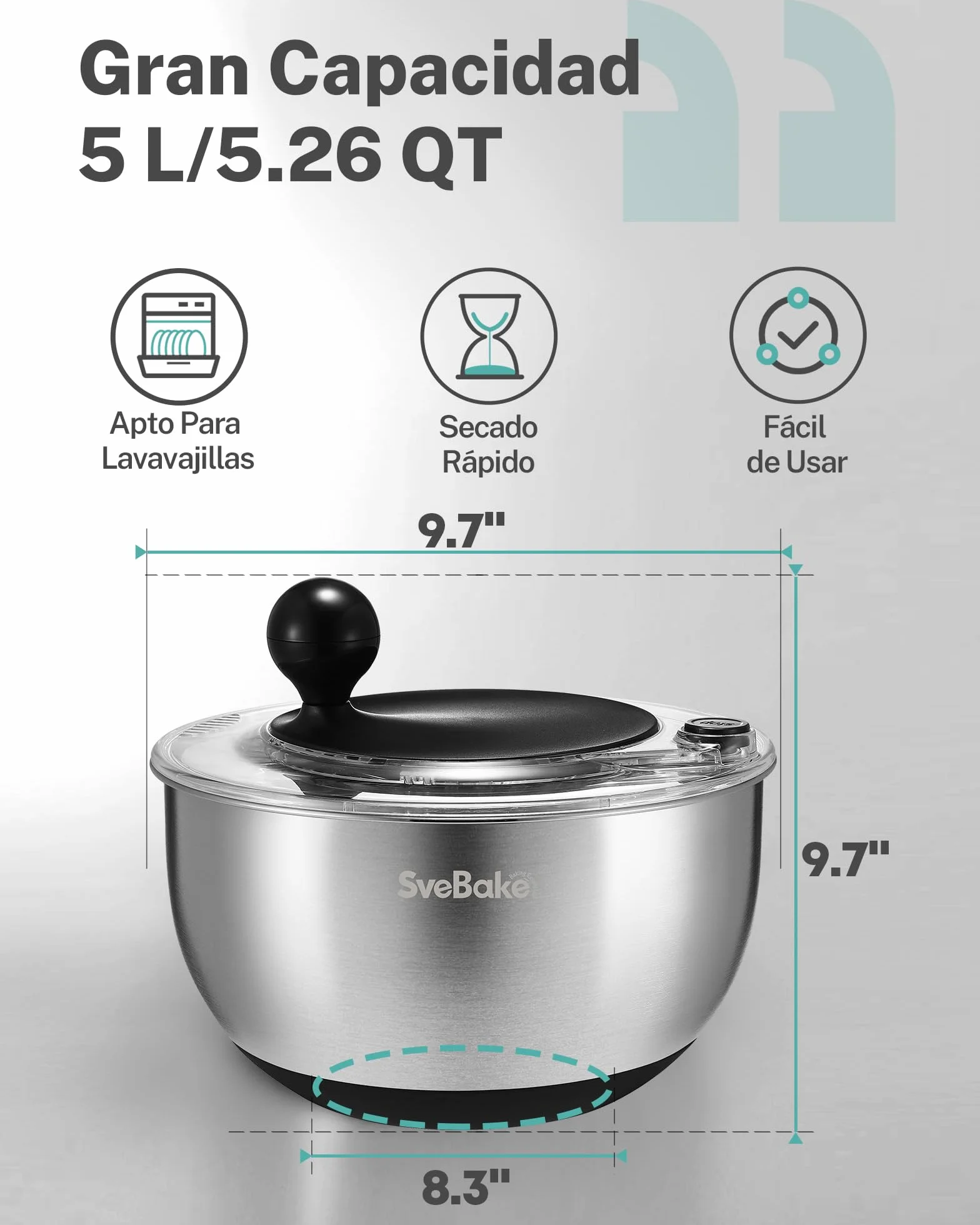 SveBake Centrifugadora Lechuga Acero Inoxidable con Botón de Parada, 5.3L Escurridor Verduras con Base Antideslizante, Escurridor Ensalada Sin BPA
