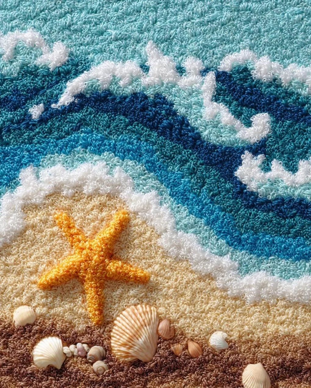 Paisaje Diy Materiales Para Hacer Alfombras Olas Y Estrellas De Mar Kits De Ganchillo Para Hacer Alfombras，Juego De Bordado,Kit De Ganchillo Para Principiantes，Manualidades De Costura 21x29in