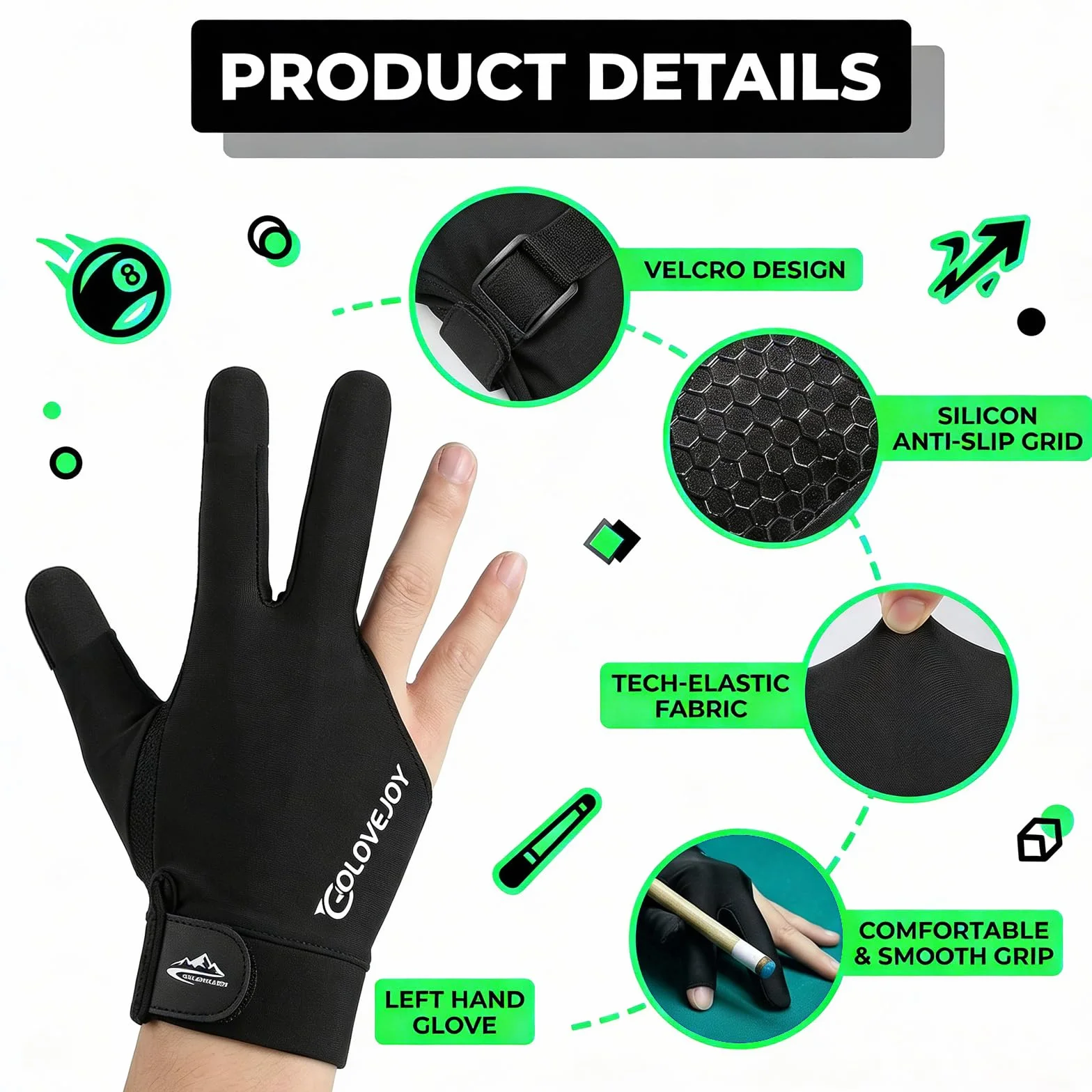 Guantes de Billar de Secado rápido y Transpirables para Snooker – (Secado rápido, Transpirables, Antideslizantes) Guante Deportivo Premium para Mano Izquierda para precisión en (Negro)