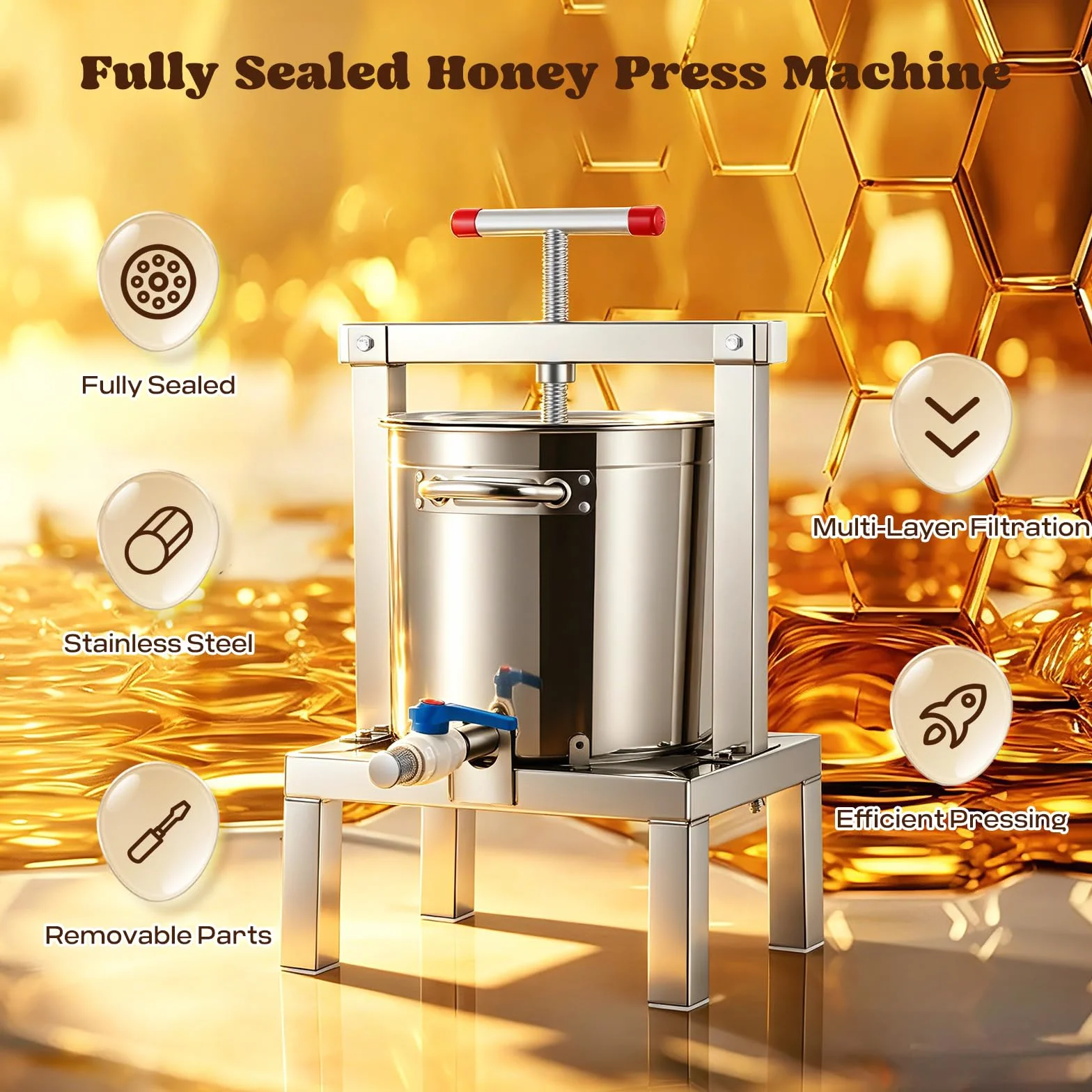 Moongiantgo 10l Prensa Para Miel Manual, Prensa De Frutas Y Vino De Acero Inoxidable Con Mango T, Totalmente Cerrado, Filtración Múltiple, Removible Para Miel, Jugo, Vino, Sidra, Apicultura (10L)