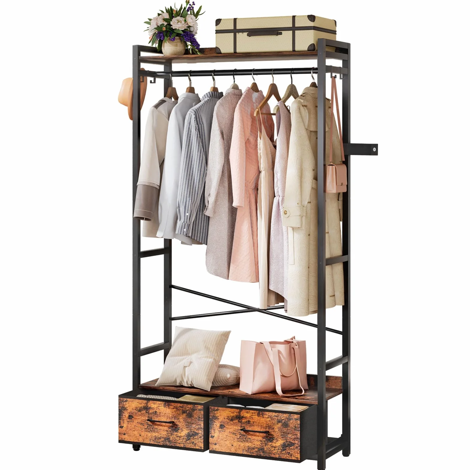Yorbay Perchero abierto de metal y madera: Armario abierto con barra para ropa y 2 cajones - Perchero resistente de gran capacidad para dormitorio, sala de estar, estilo vintage