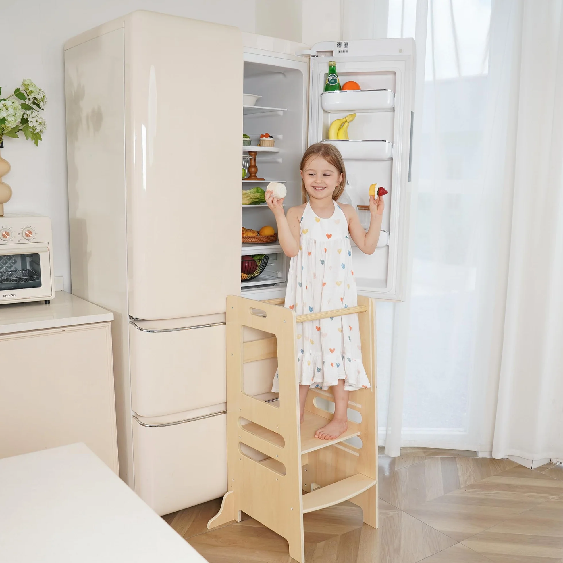 Torre de Aprendizaje Montessori de Madera para Niños, Taburete de Cocina Regulable 1-5 Años con Barra de Seguridad