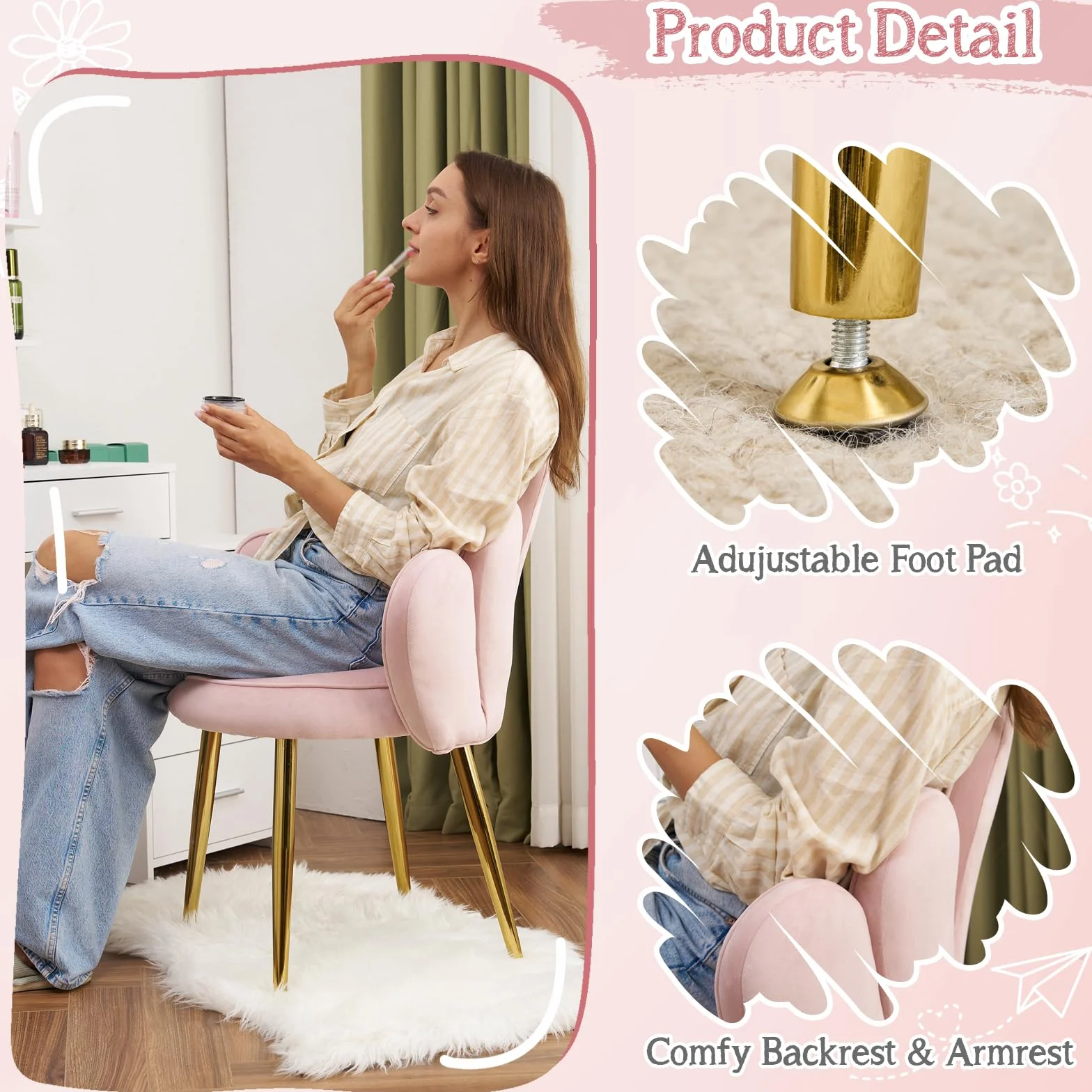 Bonnlo Silla de Maquillaje con Respaldo de Pétalos, Silla Tocador, Sillas de Comedor Elegantes, Patas Doradas Ajustables, Sillón Salón para Tocador, Dormitorio u Oficina en Casa (Terciopelo, Rosa)