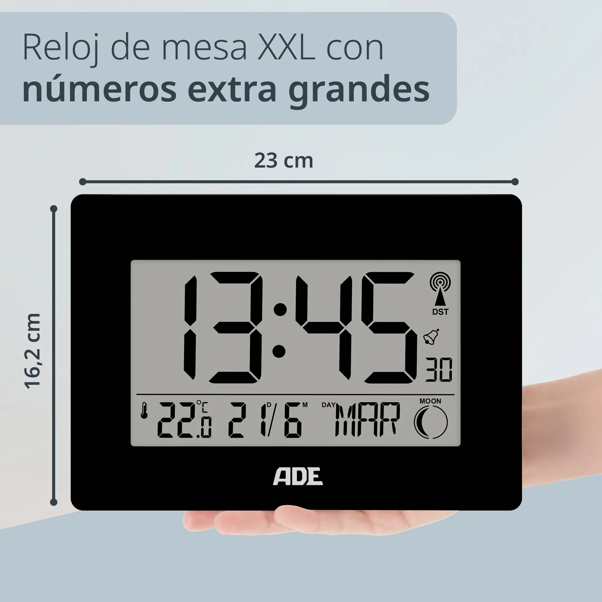 ADE Reloj Digital Grande radiocontrolado con dígitos XXL | Reloj de sobremesa y de Pared con Calendario | con termómetro | Despertador radiocontrolado a Pilas | Negro