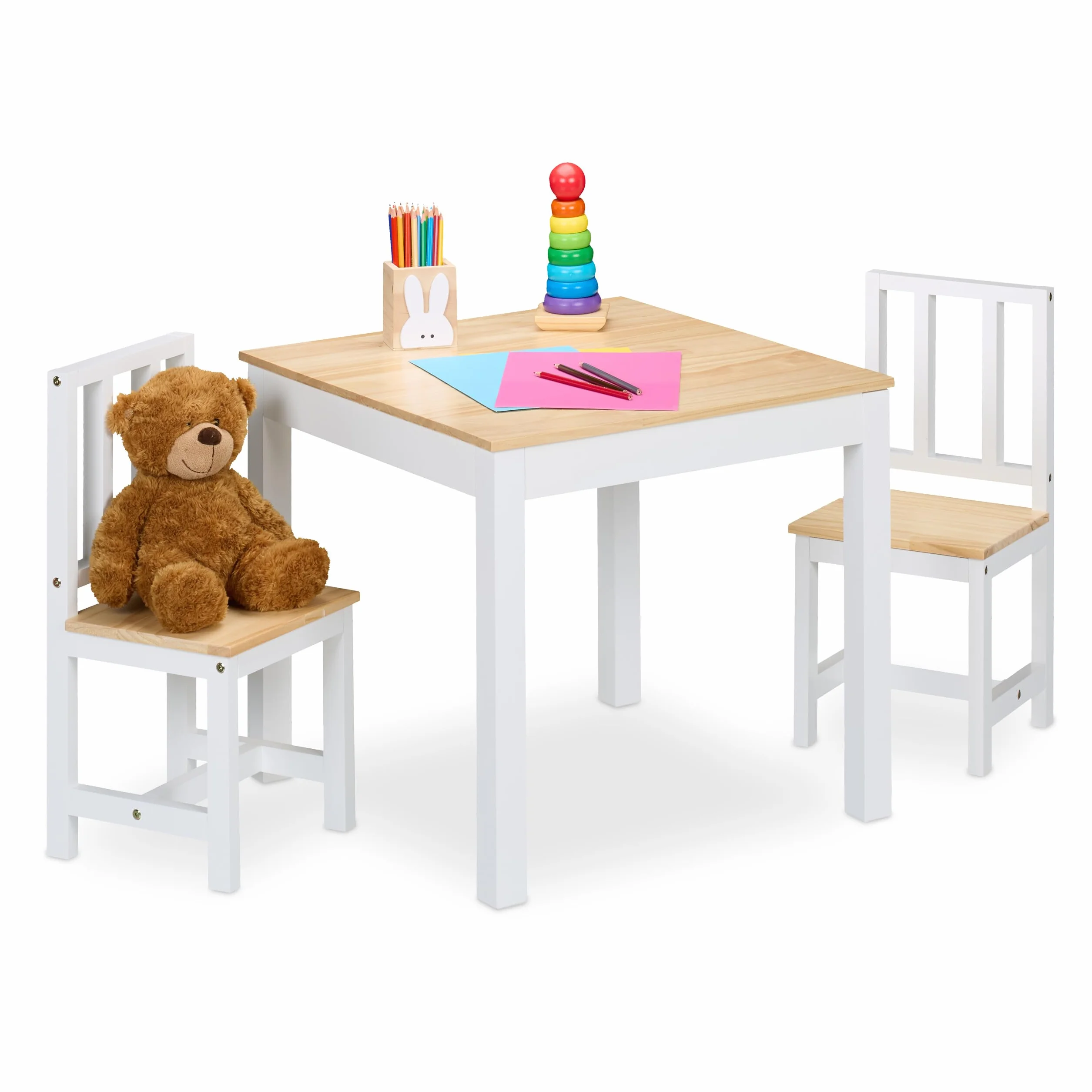 Relaxdays Mesa y 2 Sillas Infantiles, 3 Piezas, Mobiliario para Niños y Niñas, Set de Muebles Dormitorio, Blanco/Natural