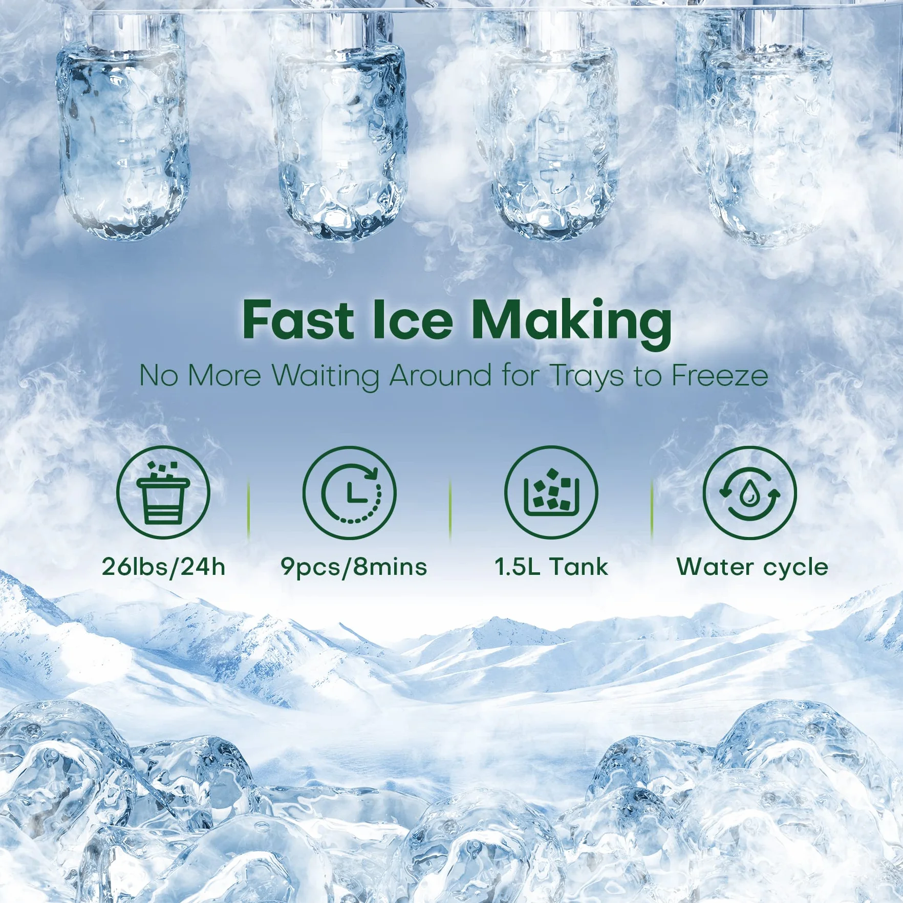 CONOPU Maquina de hielo, Maquina Hacer Cubitos de Hielo para Casa, 9 cubos listos en tan solo 9 minutos, 12kg/24h, 2 Tamaños de Cubitos, Con función de autolimpieza
