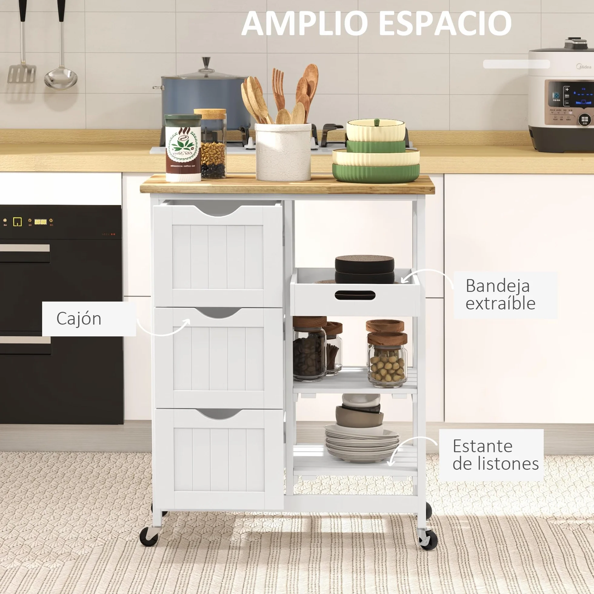HOMCOM Carro de Cocina Carrito Auxiliar con Ruedas Tablero de Madera 3 Cajones 2 Estantes Abiertos y Bandeja Extraíble para Comedor Salón 67x37x85,5 cm Blanco